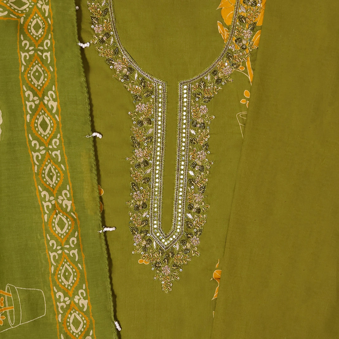 Lush Green Cotton Unstitched Suit Set
