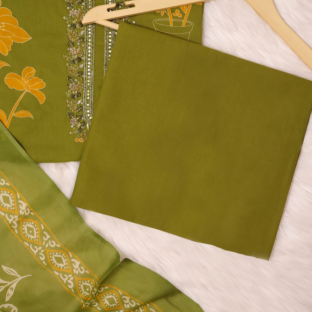 Lush Green Cotton Unstitched Suit Set