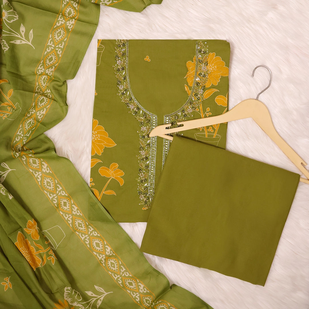 Lush Green Cotton Unstitched Suit Set