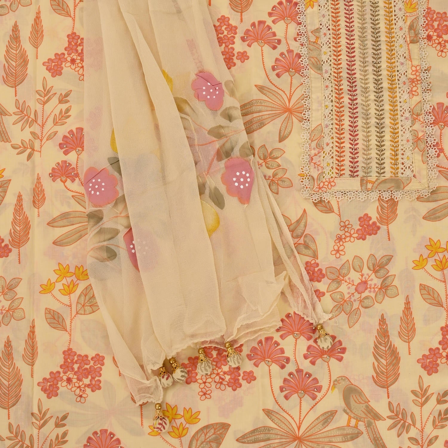 Macroon Yellow Cotton Unstitched Suit Set