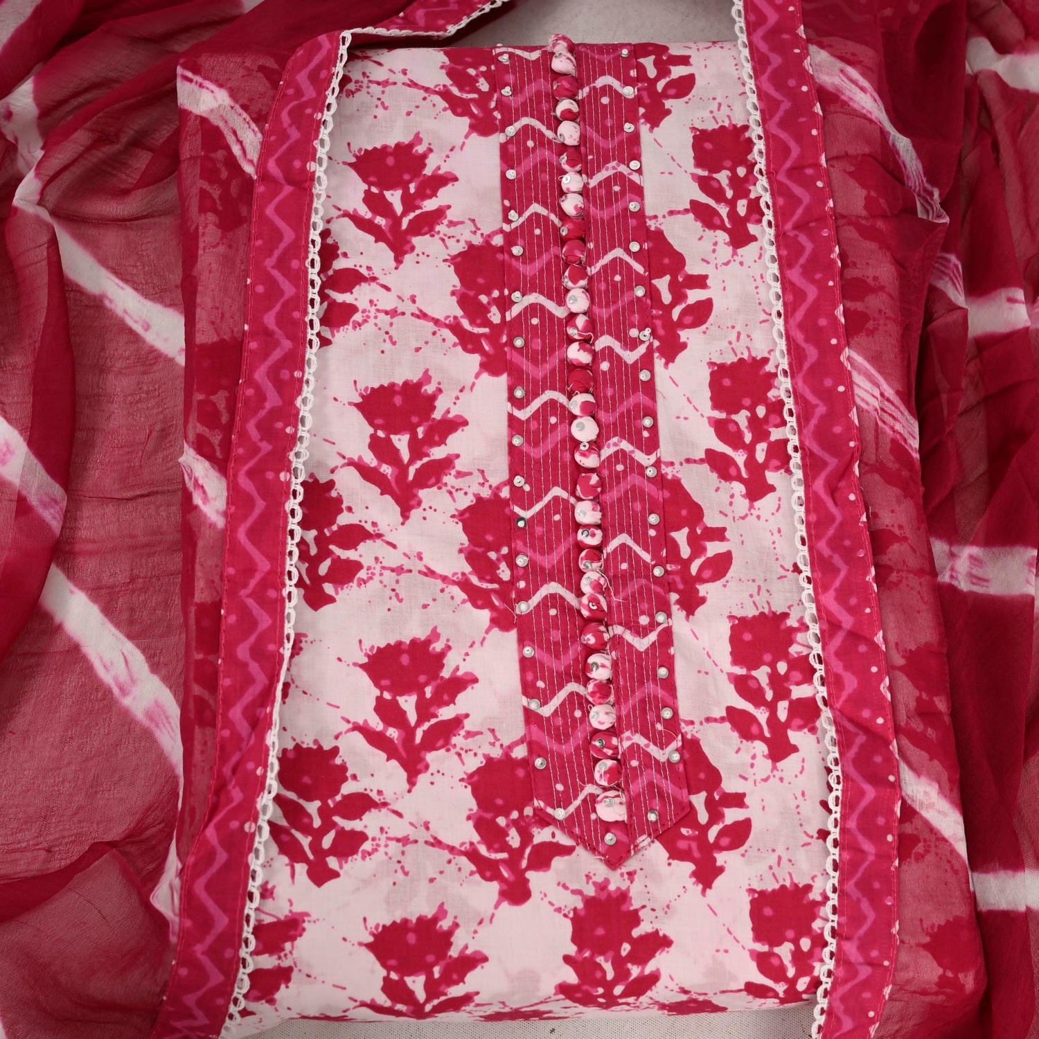 Magenta Pink Batiq Cotton Unstitched Suit Set