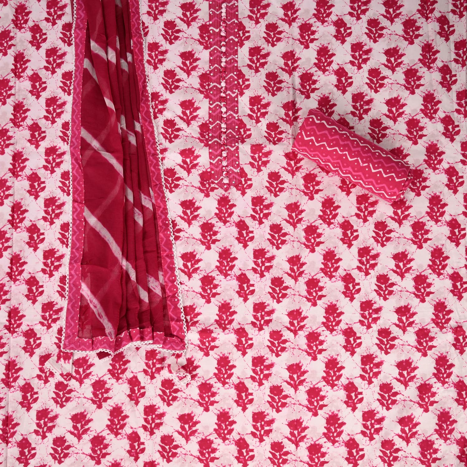 Magenta Pink Batiq Cotton Unstitched Suit Set