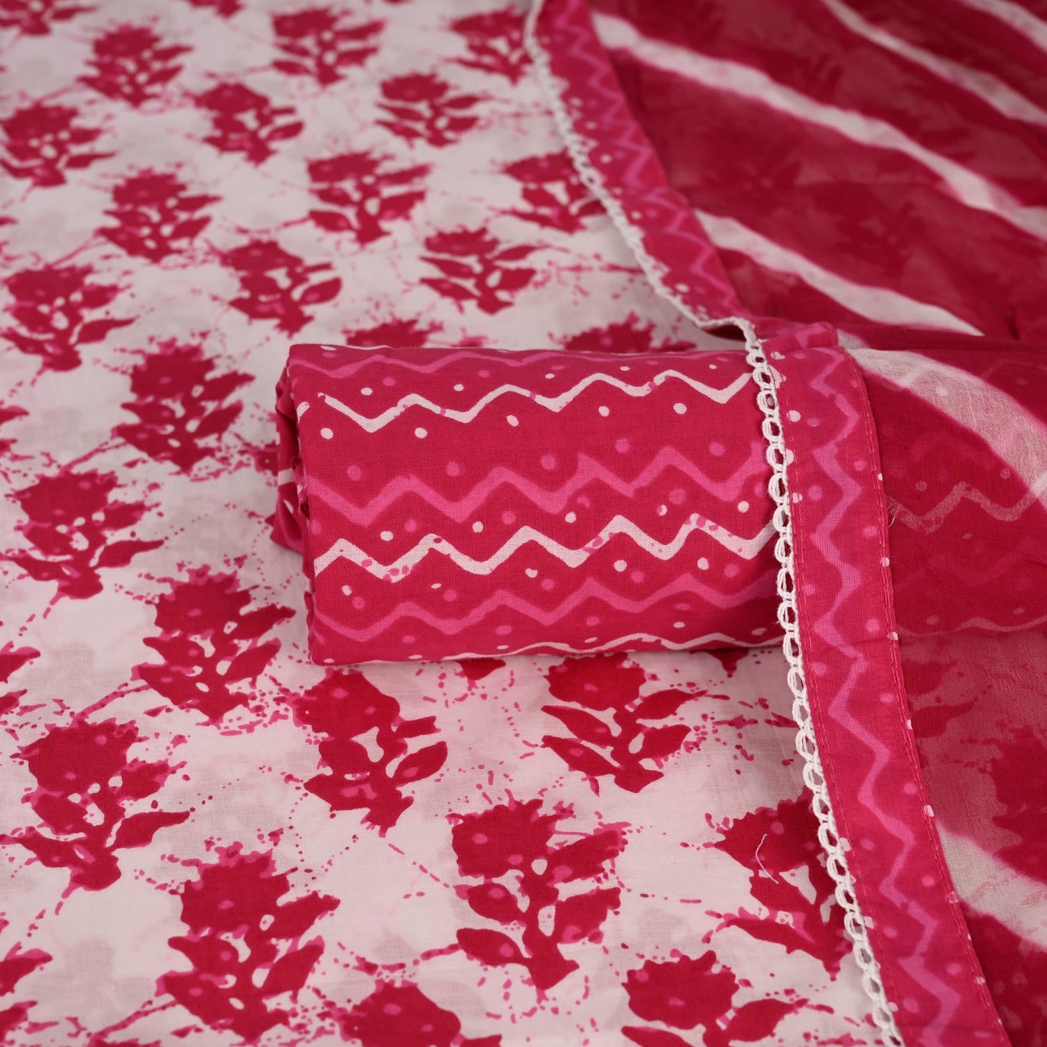 Magenta Pink Batiq Cotton Unstitched Suit Set