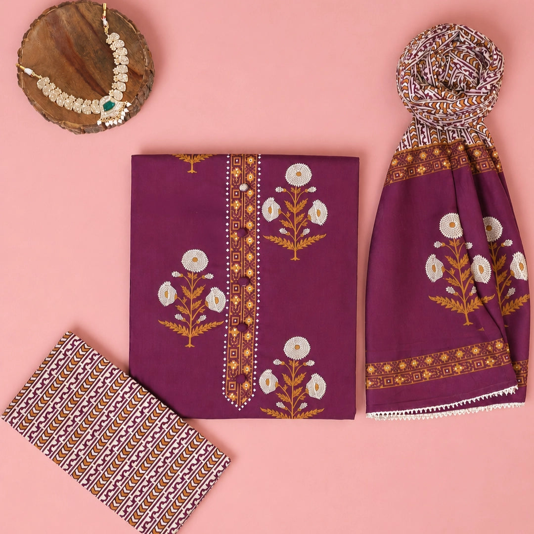 Maghony Wine Cotton Unstitched Suit Set