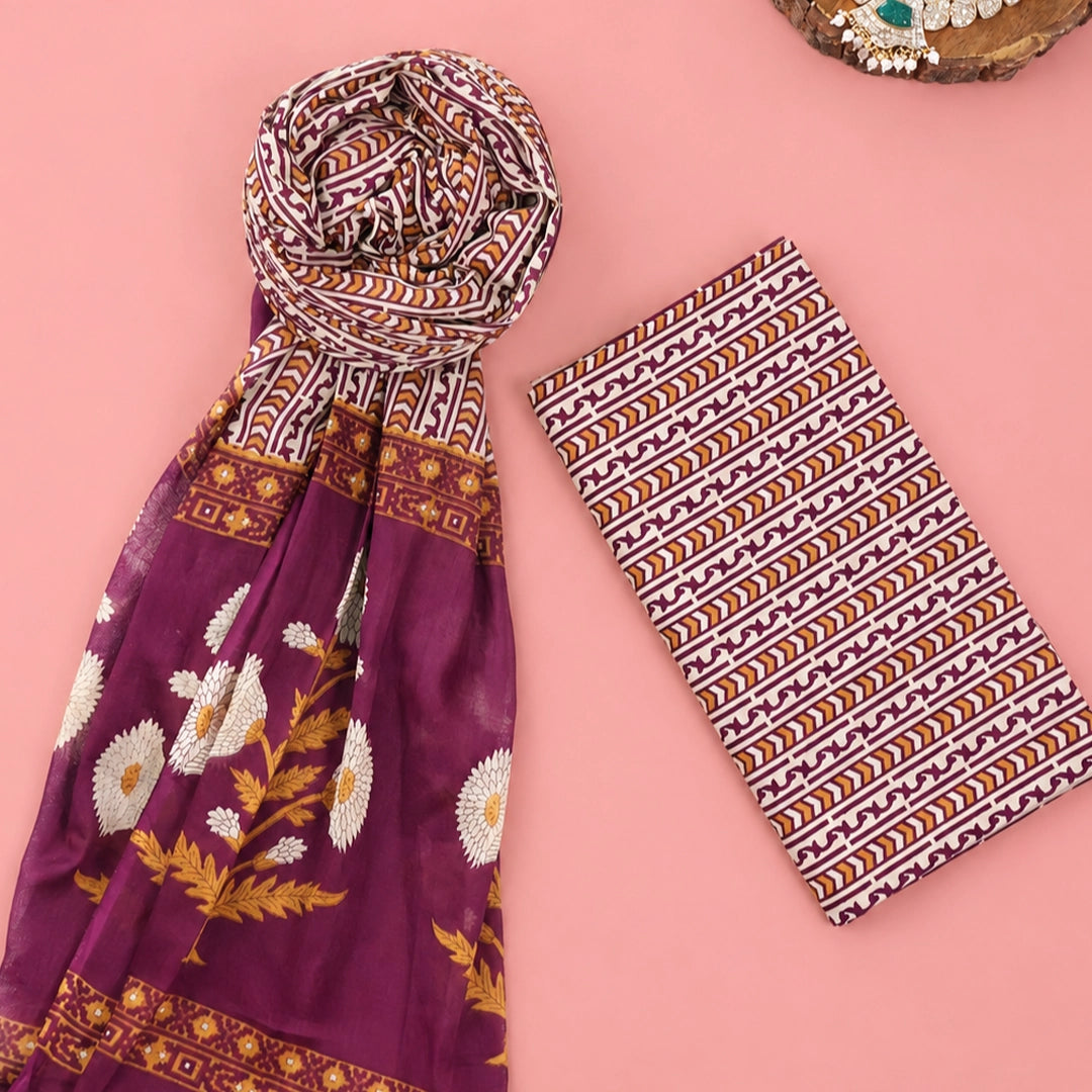 Maghony Wine Cotton Unstitched Suit Set