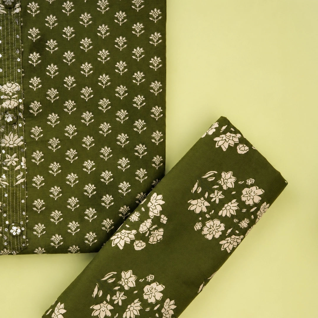 Mehandi Bagru Print Cotton Unstitched Suit Set