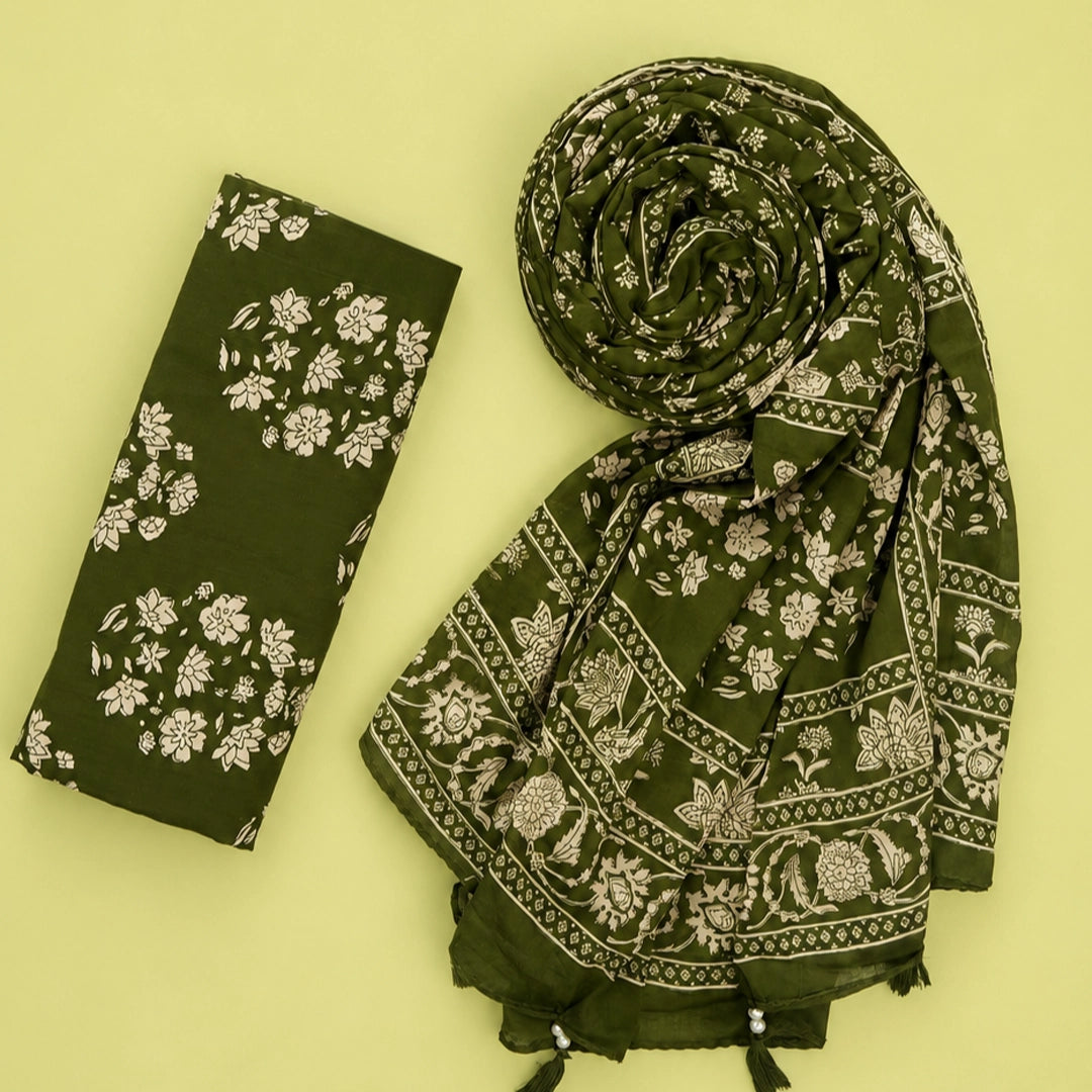Mehandi Bagru Print Cotton Unstitched Suit Set