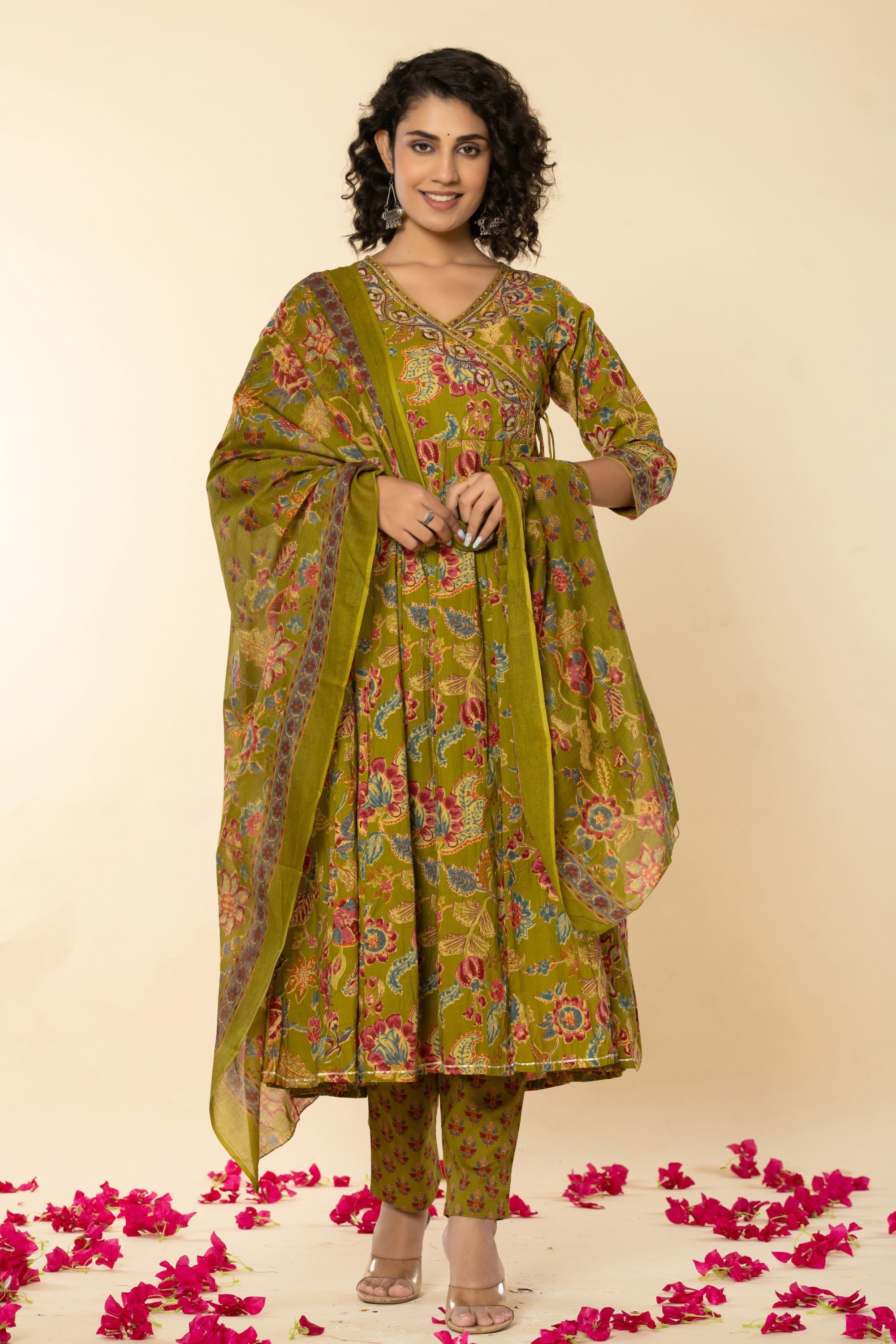 Mehandi Green Angrakh Cotton Suit Set