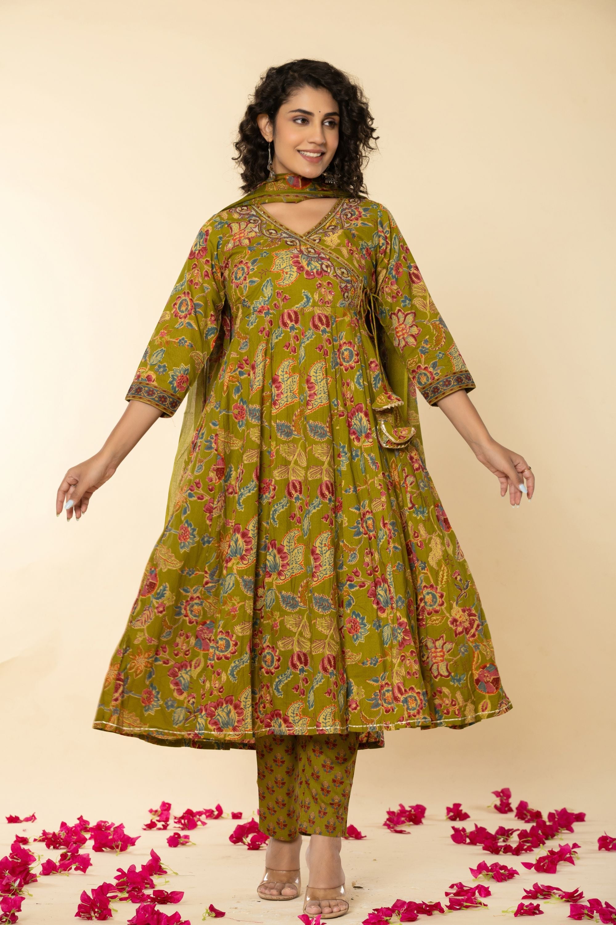 Mehandi Green Angrakh Cotton Suit Set