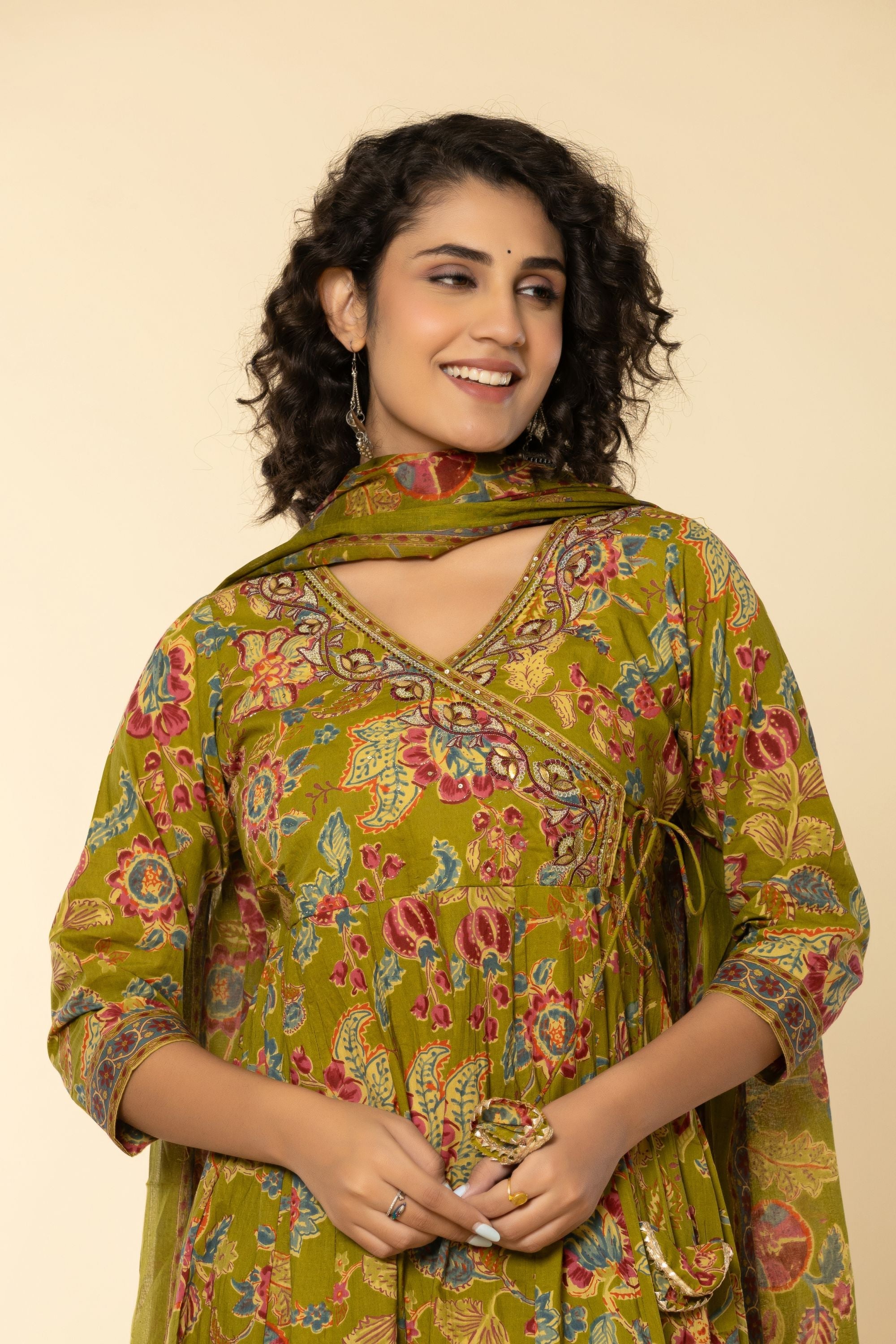 Mehandi Green Angrakh Cotton Suit Set
