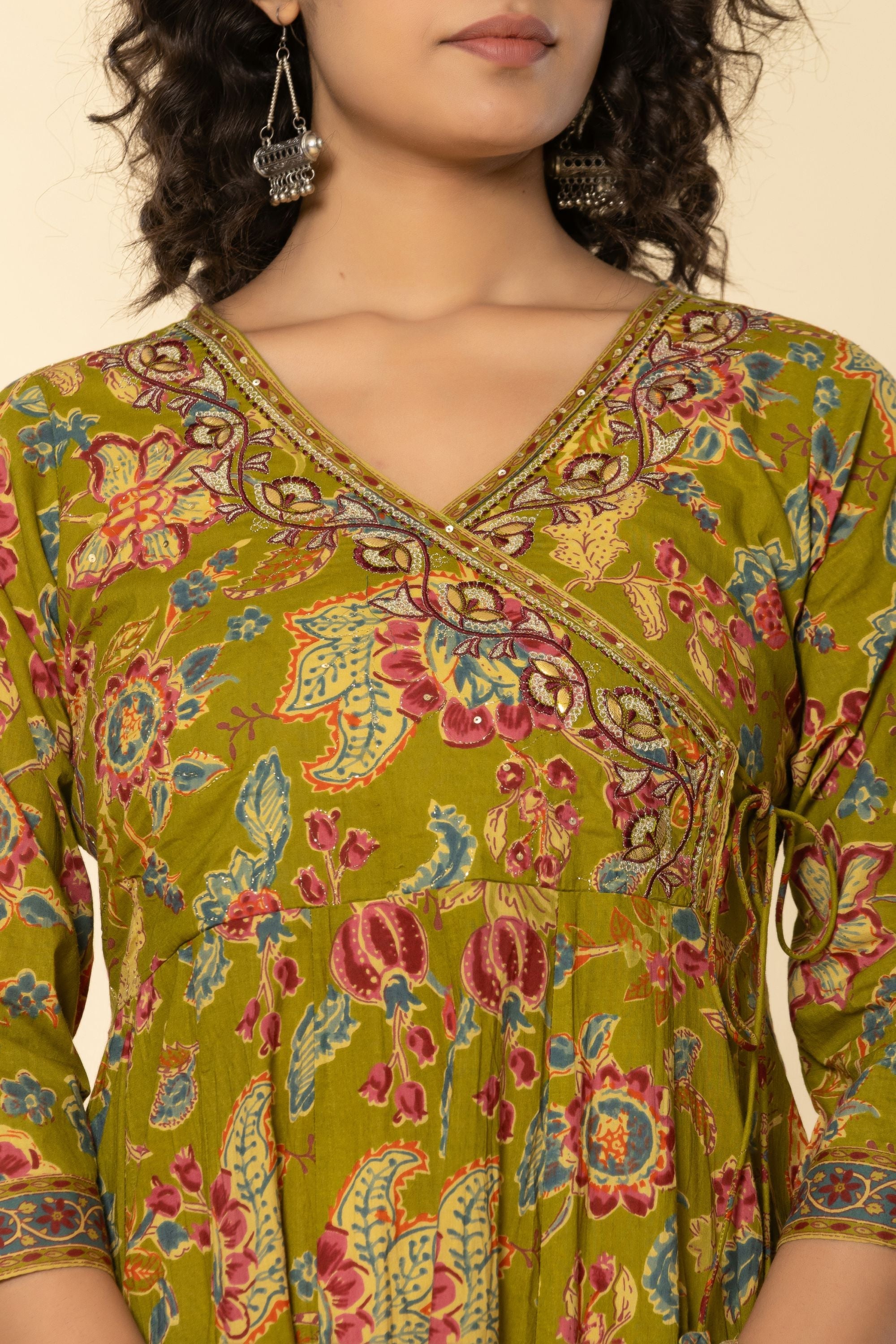 Mehandi Green Angrakh Cotton Suit Set