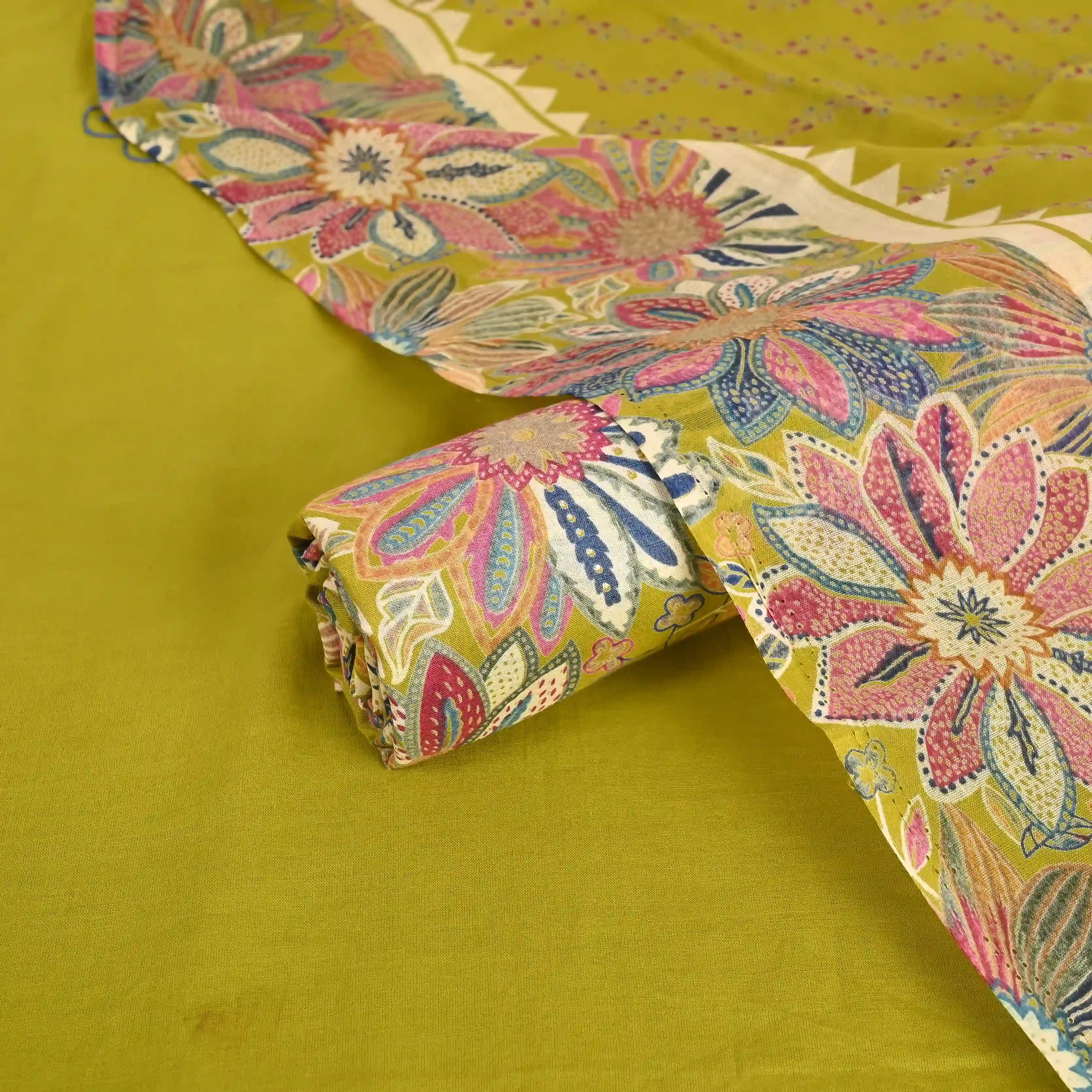 Mehandi Green Kath Cotton Unstitched Suit Set