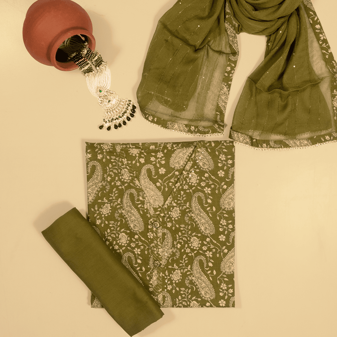 Mehandi Green Sanganeri Print Cotton Unstitched Suit Set
