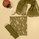 Mehandi Green Sanganeri Print Cotton Unstitched Suit Set