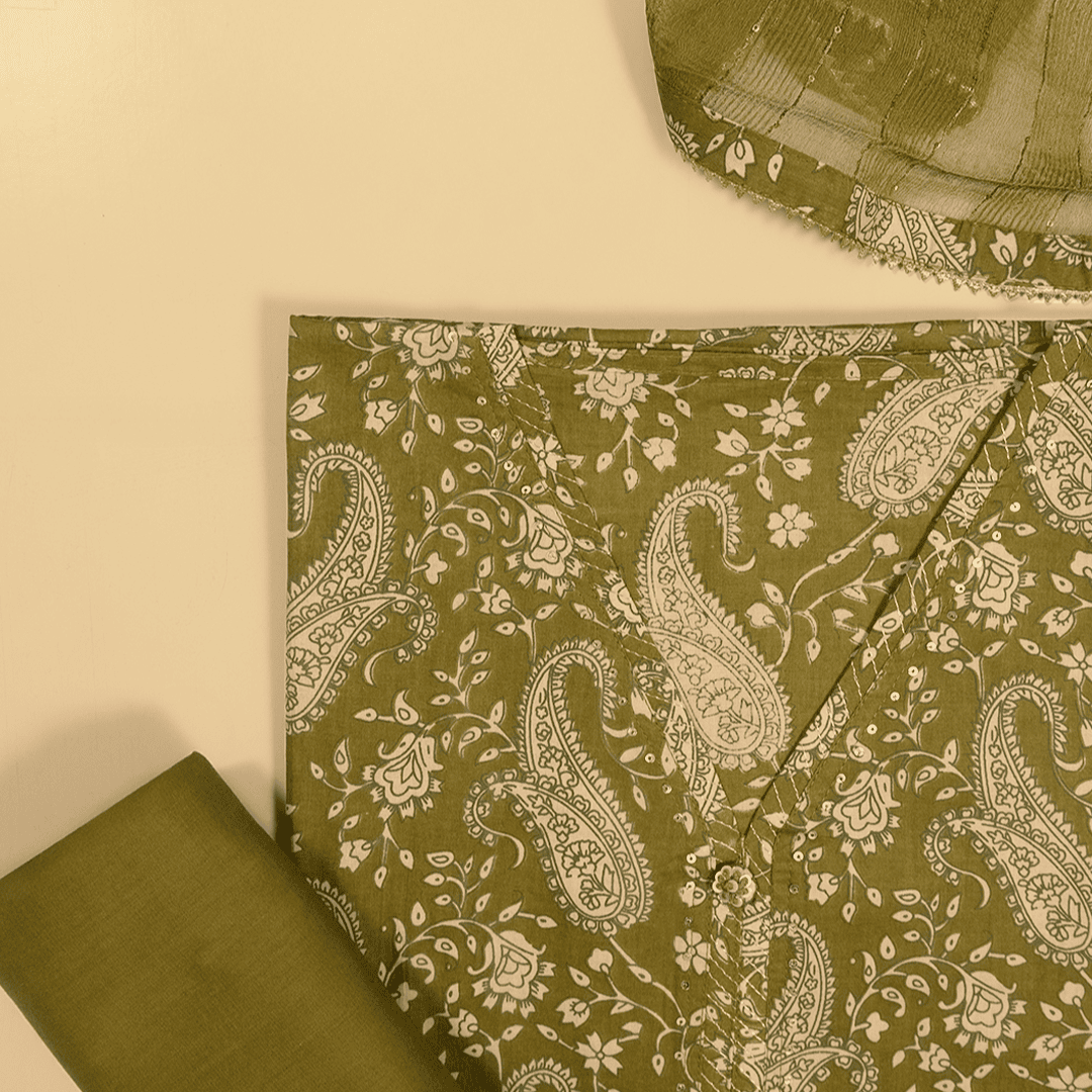 Mehandi Green Sanganeri Print Cotton Unstitched Suit Set