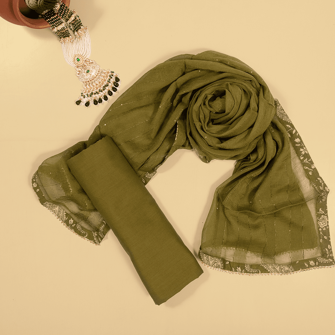 Mehandi Green Sanganeri Print Cotton Unstitched Suit Set