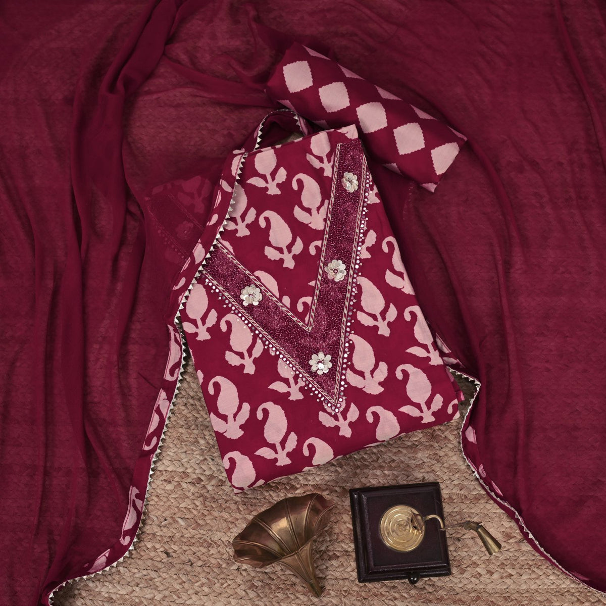 Merlot Red Silk Unstitched Salwar Suit