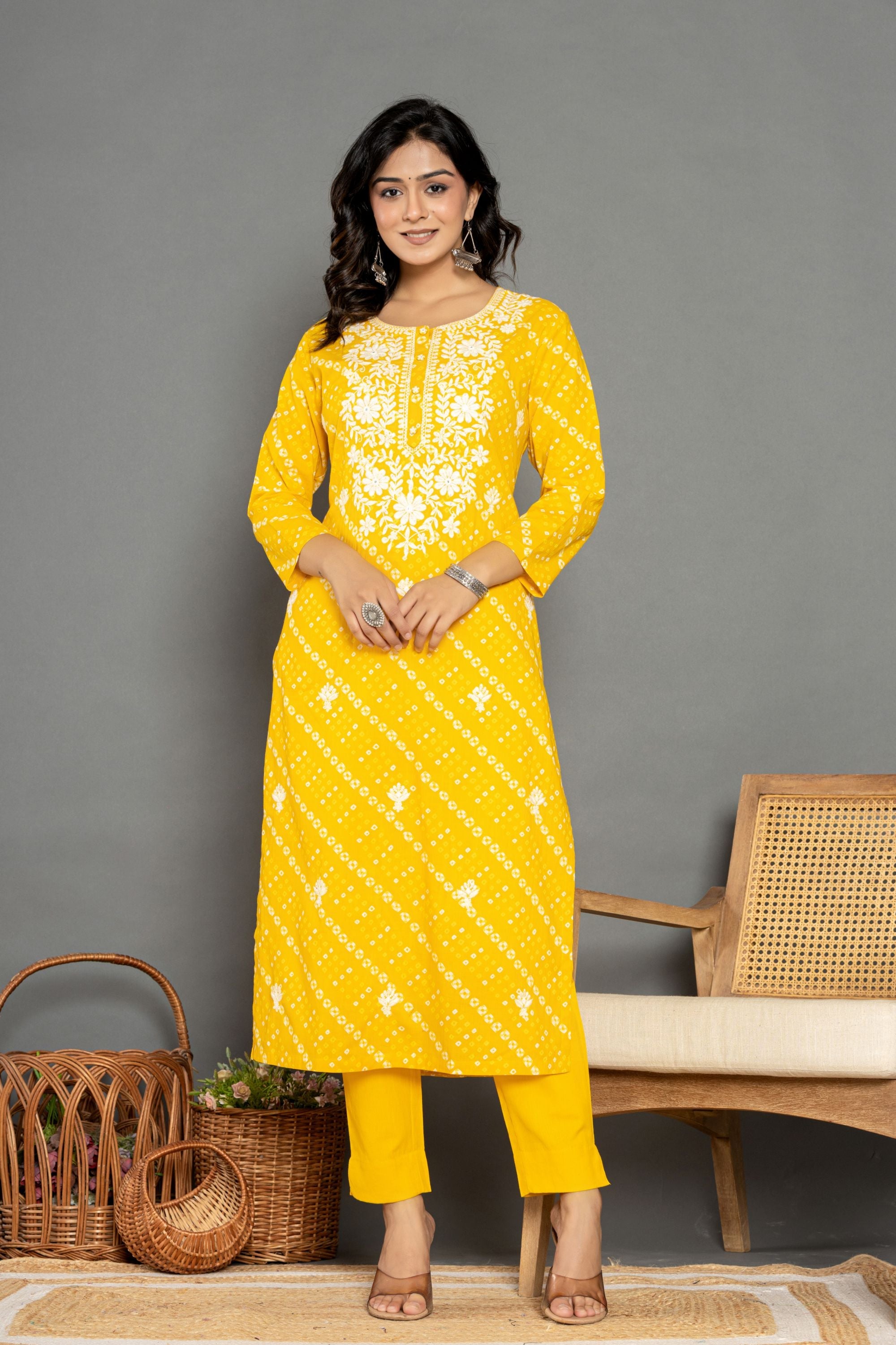 Monsoon Yellow Bhandej Cotton Suit Set