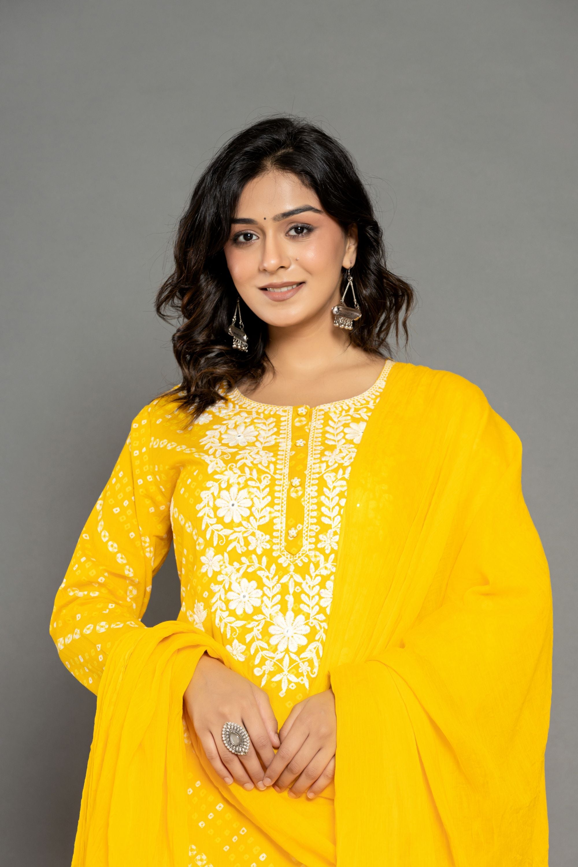 Monsoon Yellow Bhandej Cotton Suit Set