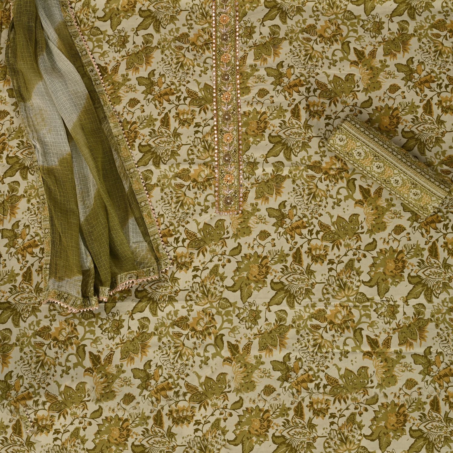 Moss Green Kalamkari Cotton Unstitched Salwar Suit