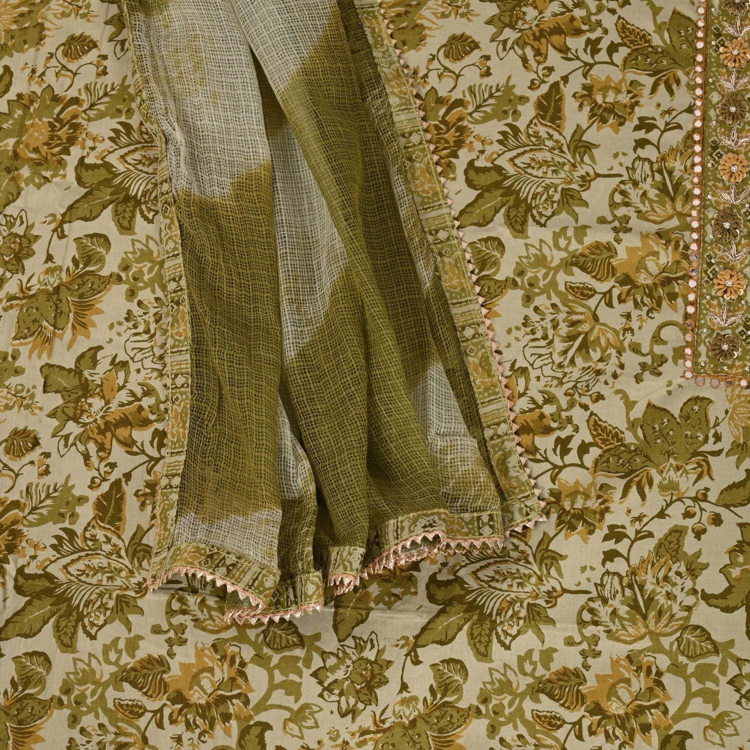 Moss Green Kalamkari Cotton Unstitched Salwar Suit