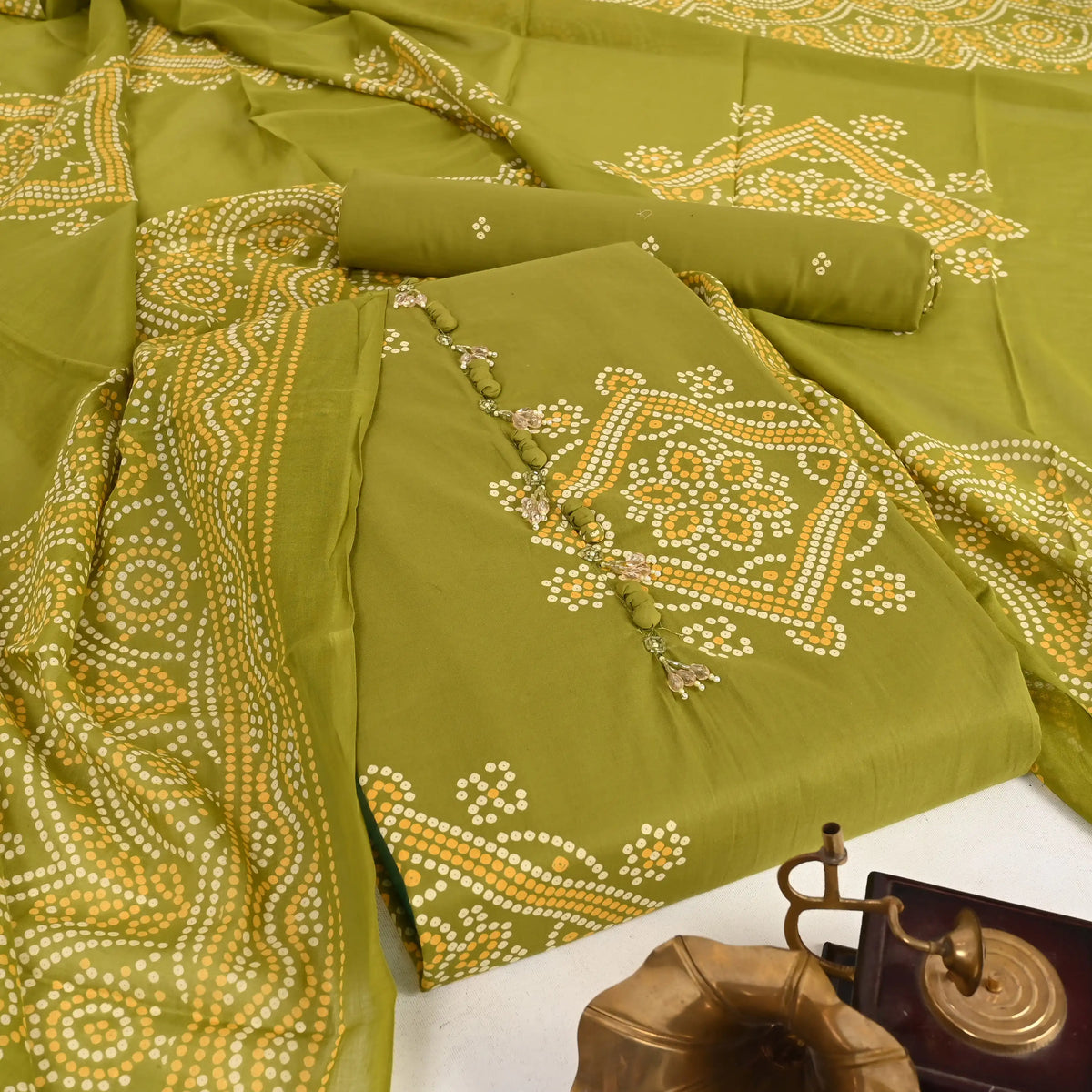 Moss Mehandi Bandhani Cotton Unstitched Suit Set