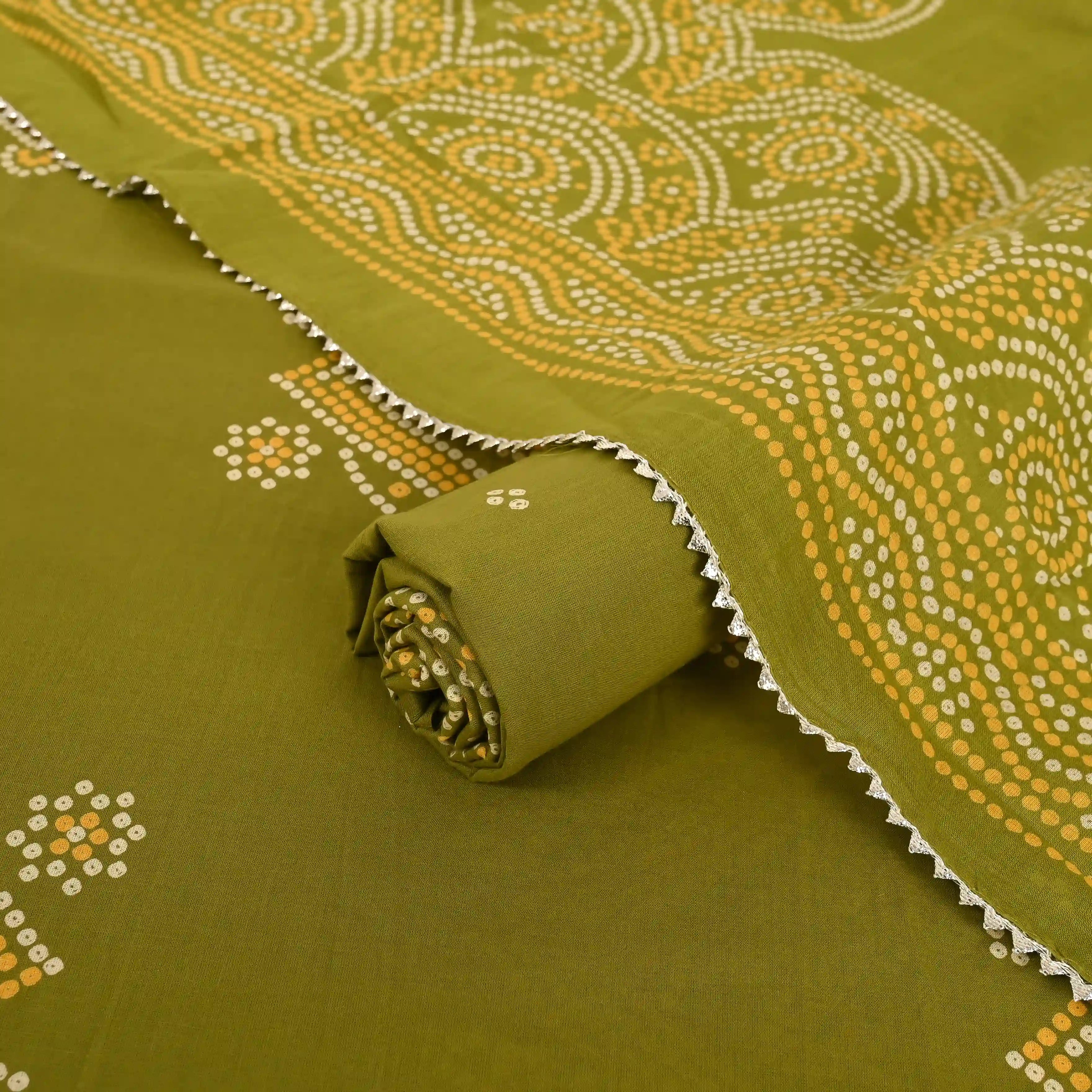 Moss Mehandi Bandhani Cotton Unstitched Suit Set