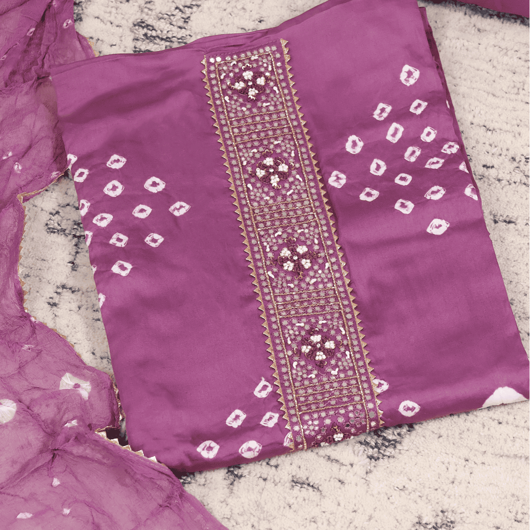 Mountbatten Pink Bhandej Cotton Unstitched Suit Set
