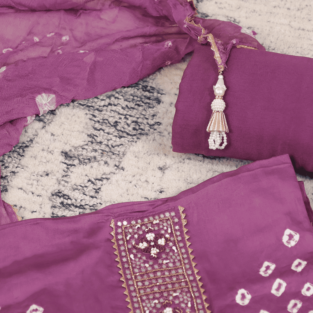 Mountbatten Pink Bhandej Cotton Unstitched Suit Set