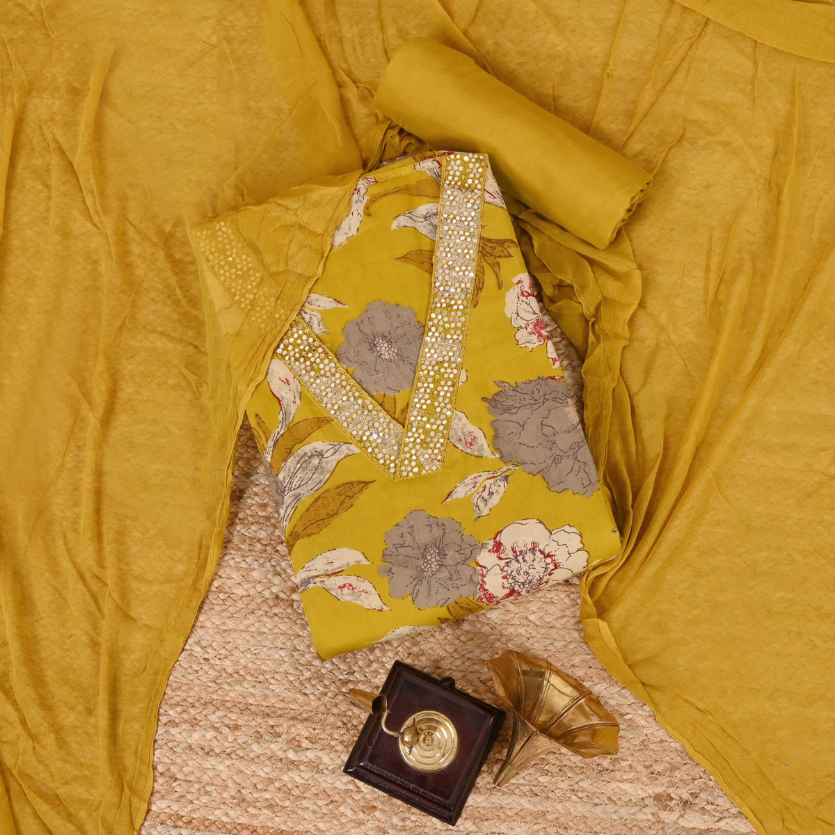 Munsell Mustard V Neck Cotton Unstitched Salwar Suit