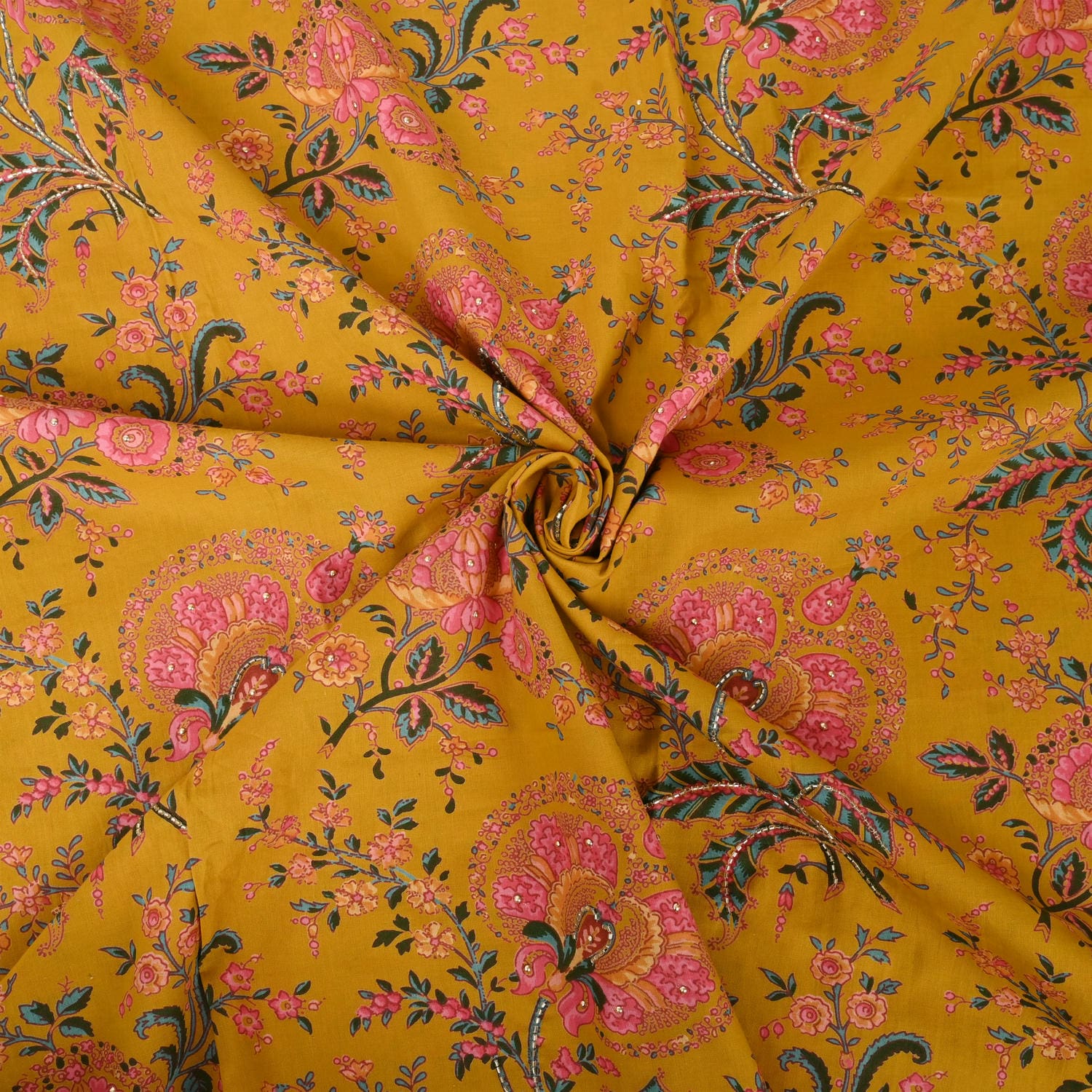 Mustard Floral Cotton Unstitched Suit Set