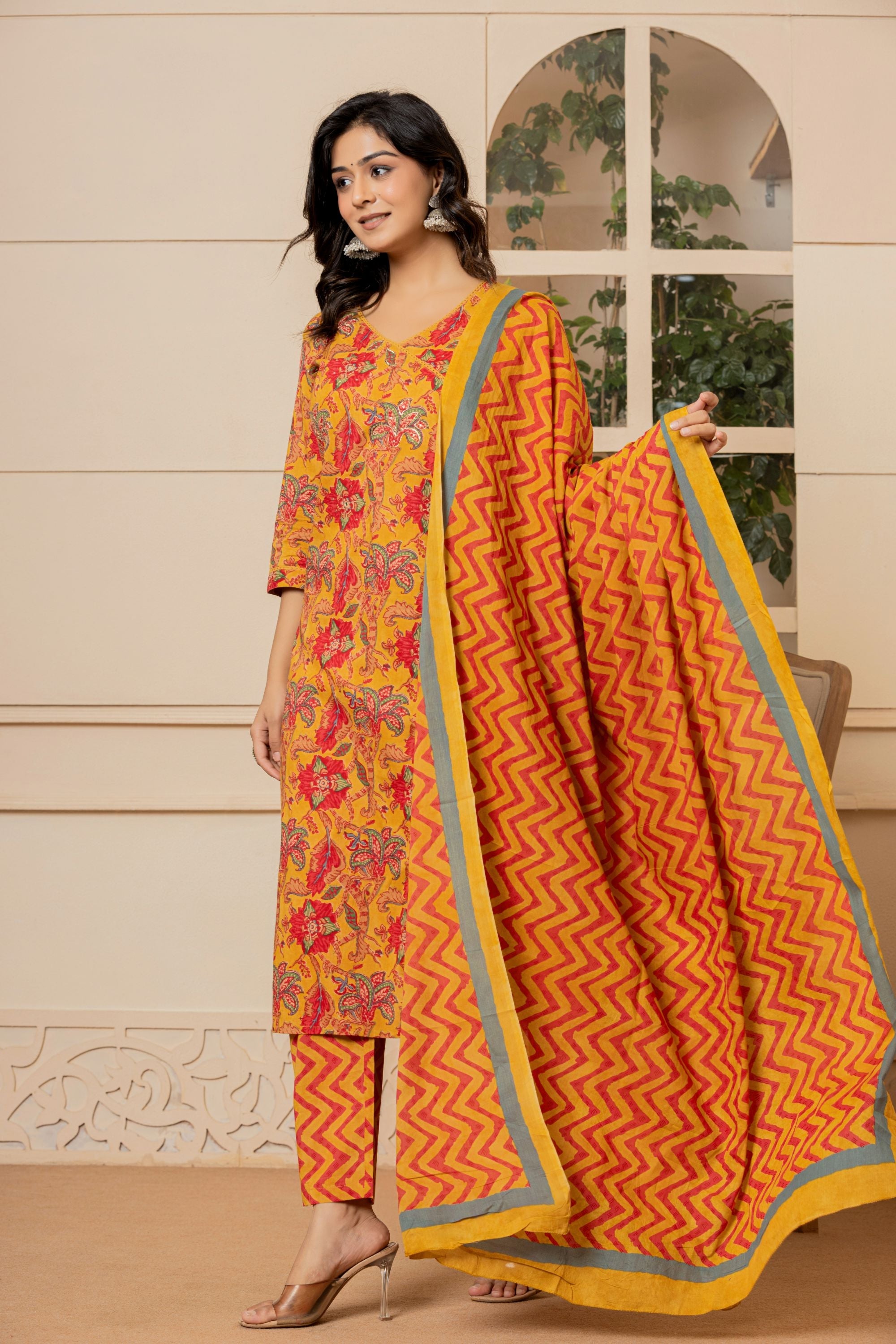 Mustard Kalamkari Cotton Suit Set