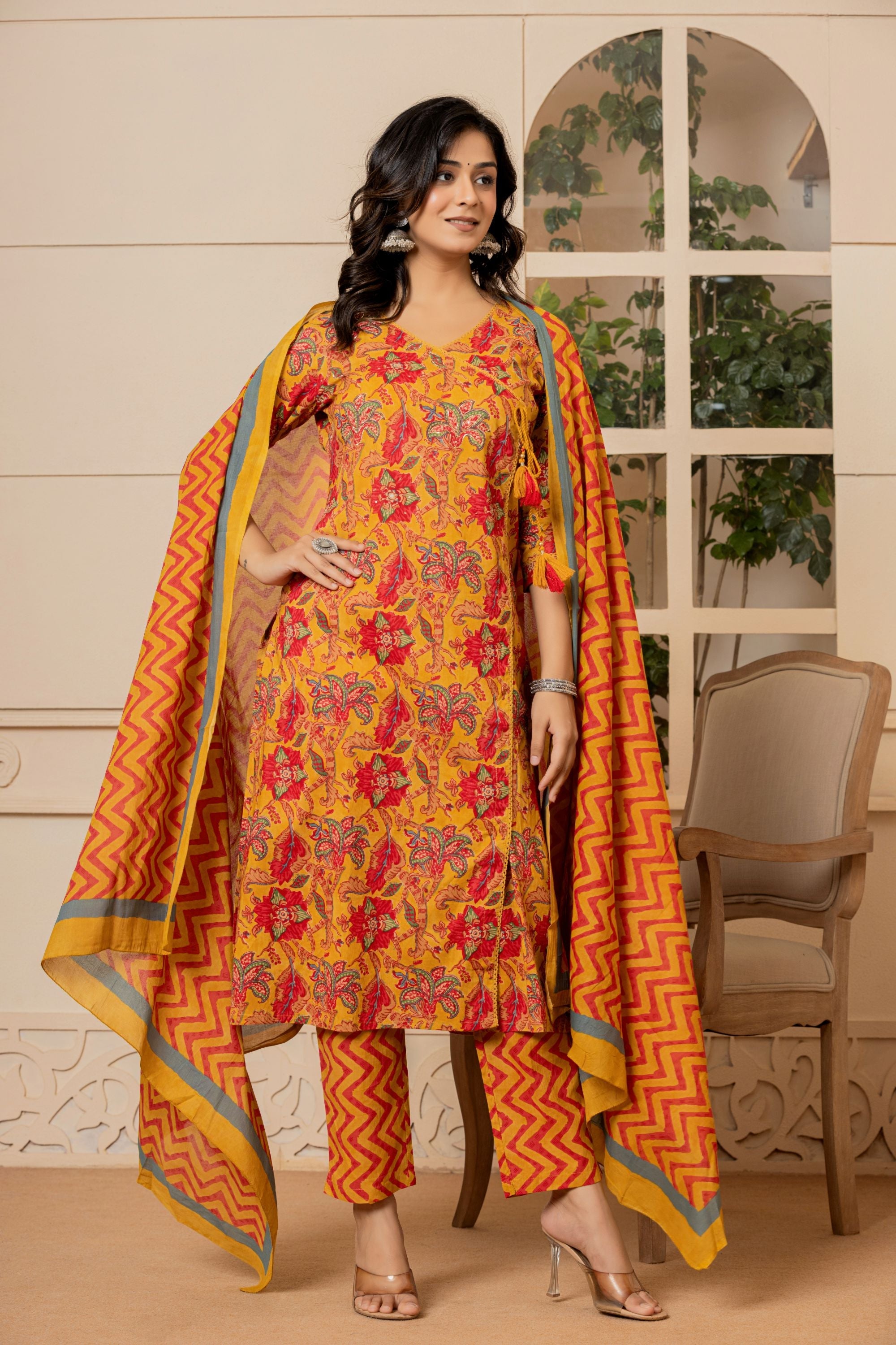 Mustard Kalamkari Cotton Suit Set