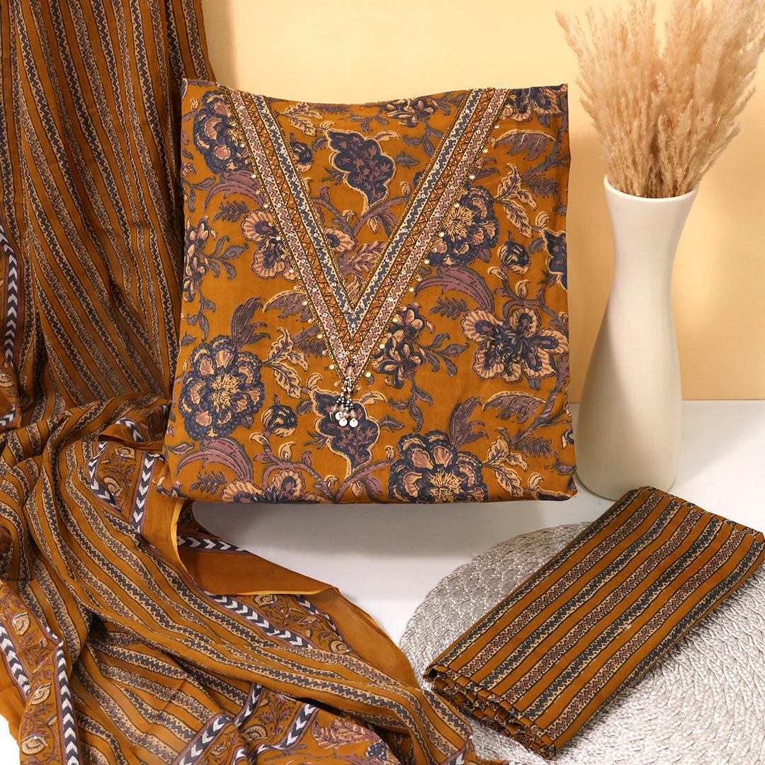 Mustard Kalamkari Cotton Unstitched Suit Set