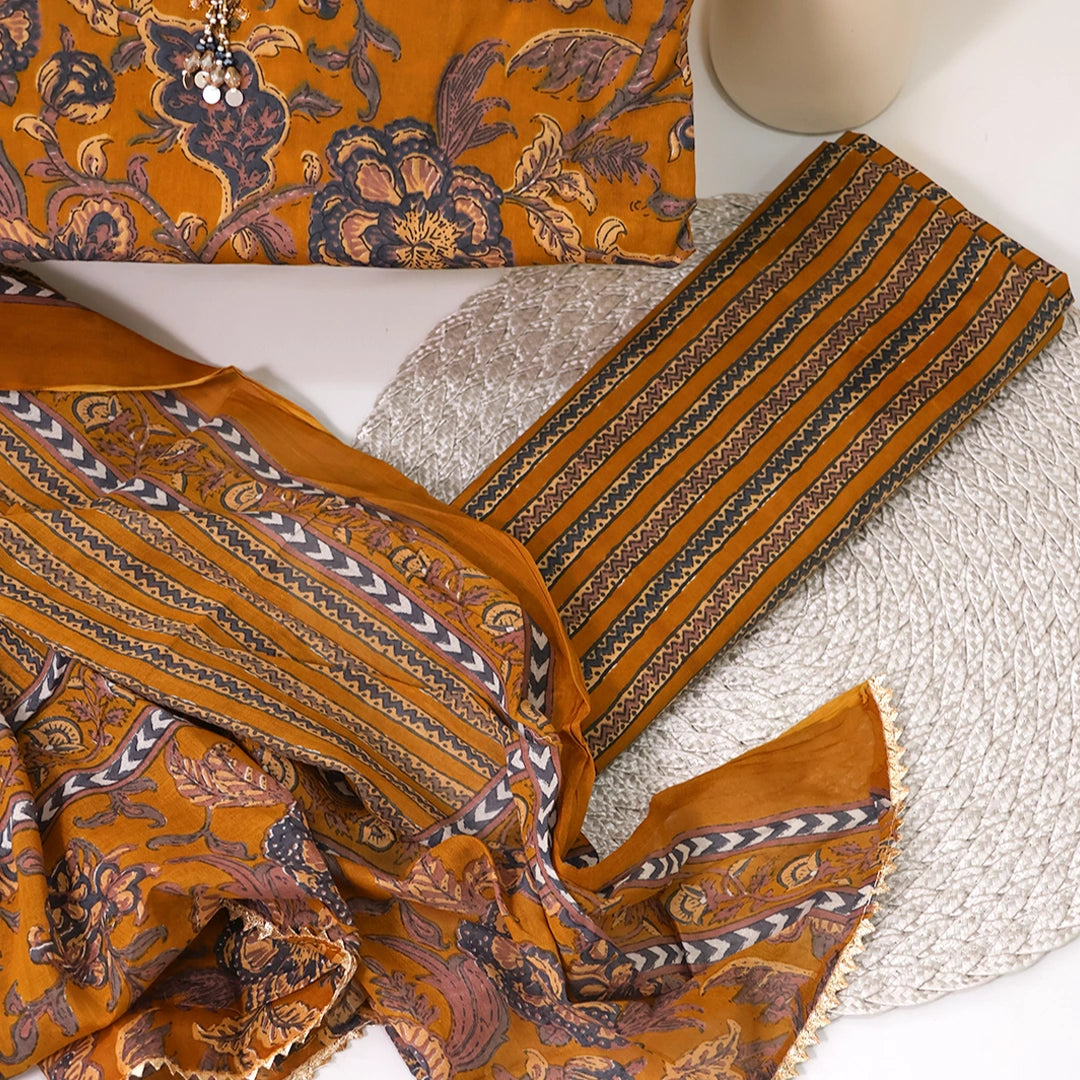 Mustard Kalamkari Cotton Unstitched Suit Set