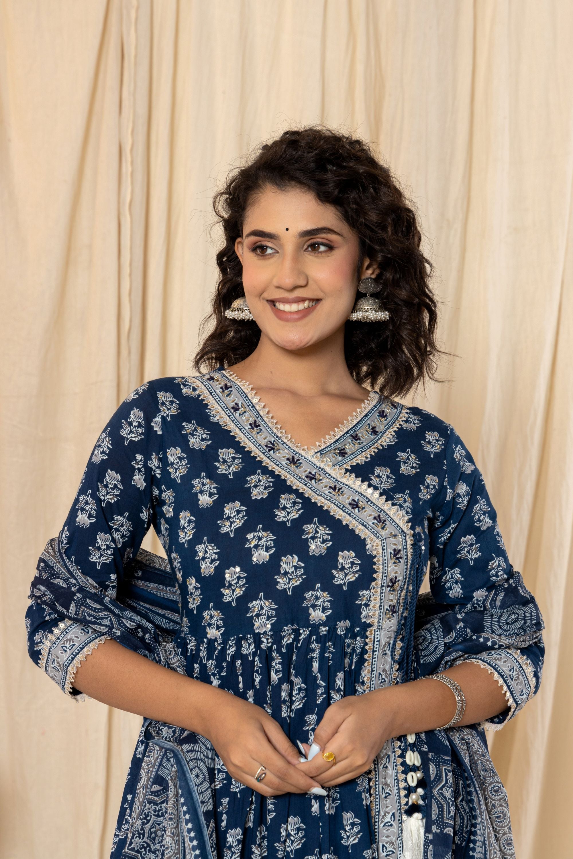 Navy Blue Bagru Angrakh Cotton Suit Set