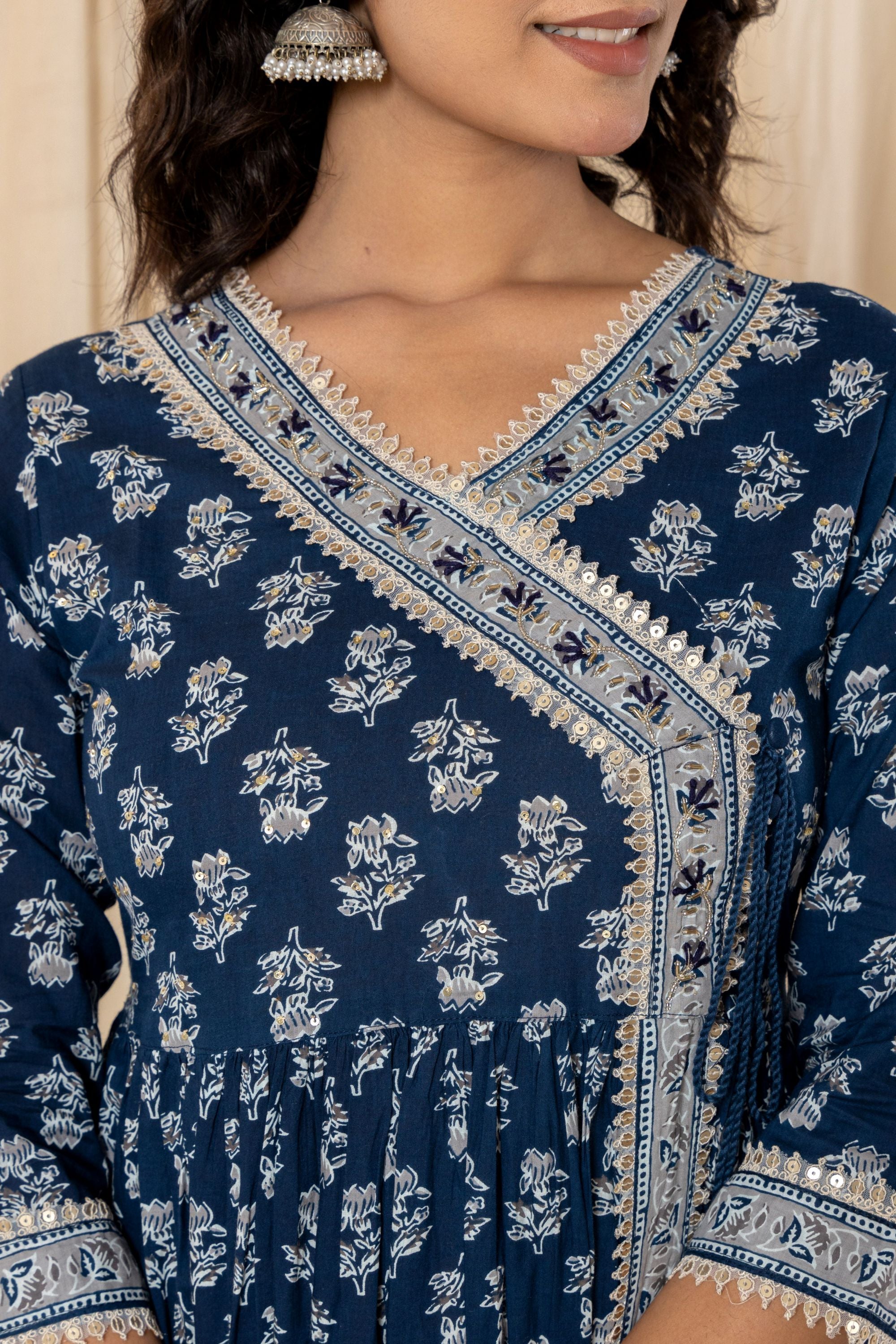 Navy Blue Bagru Angrakh Cotton Suit Set