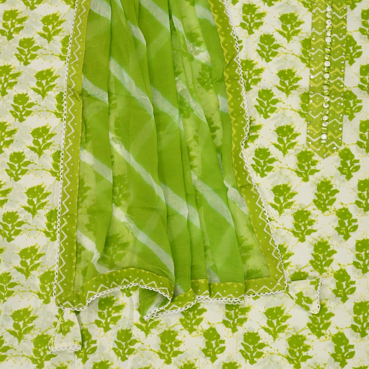 Neon Green Batiq Cotton Unstitched Suit Set