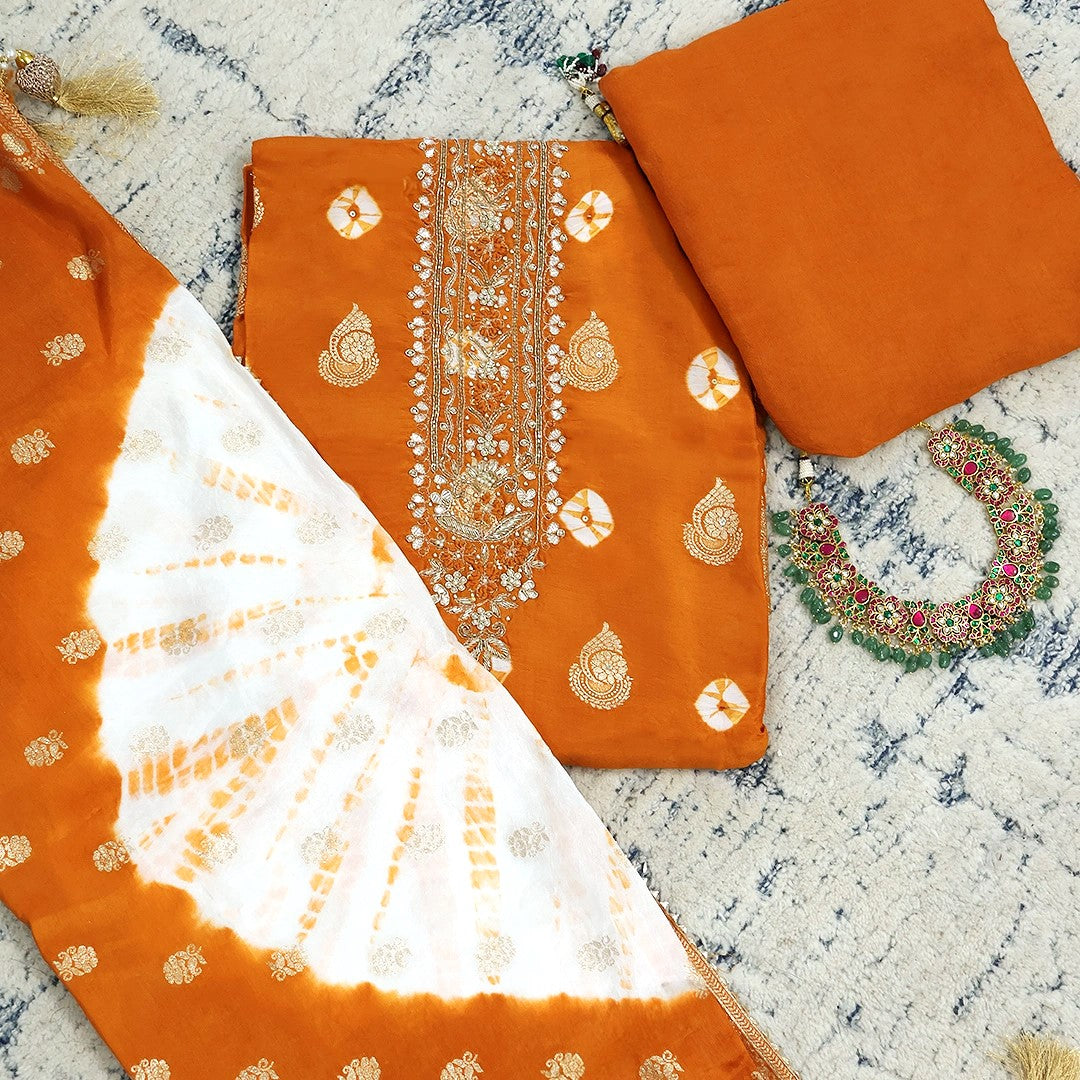 Orange Chinnon Bhandej Unstitched Suit Set