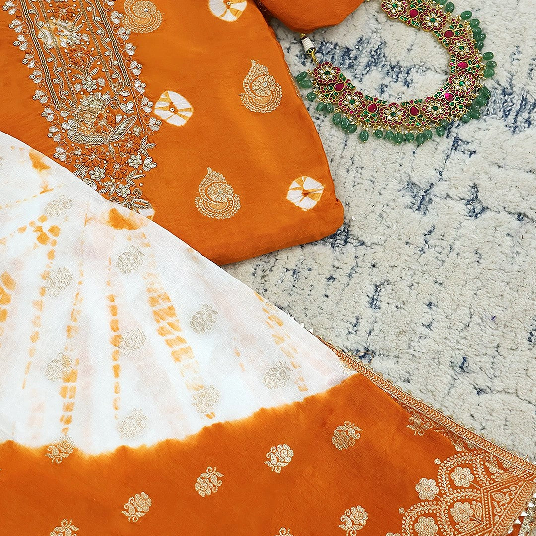 Orange Chinnon Bhandej Unstitched Suit Set
