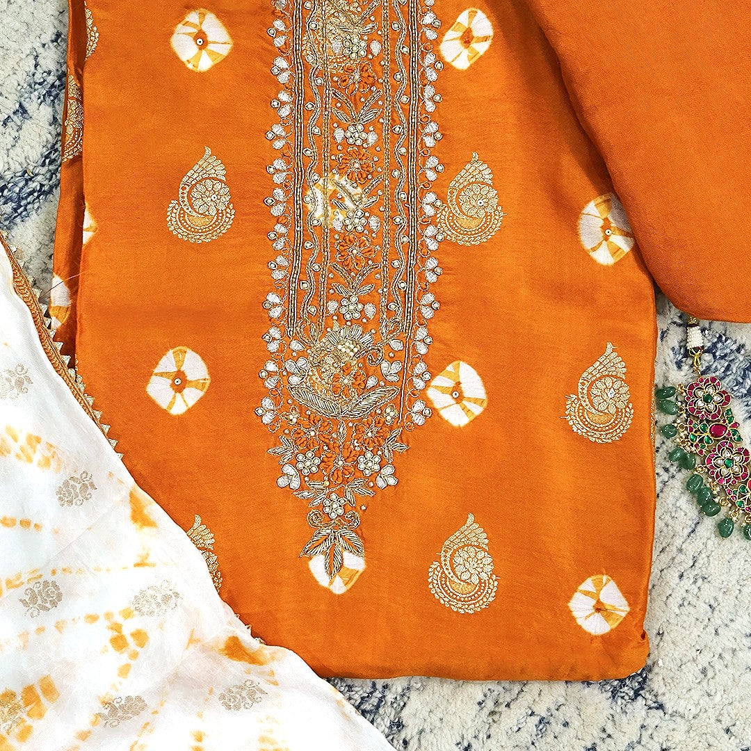 Orange Chinnon Bhandej Unstitched Suit Set