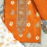 Orange Chinnon Bhandej Unstitched Suit Set