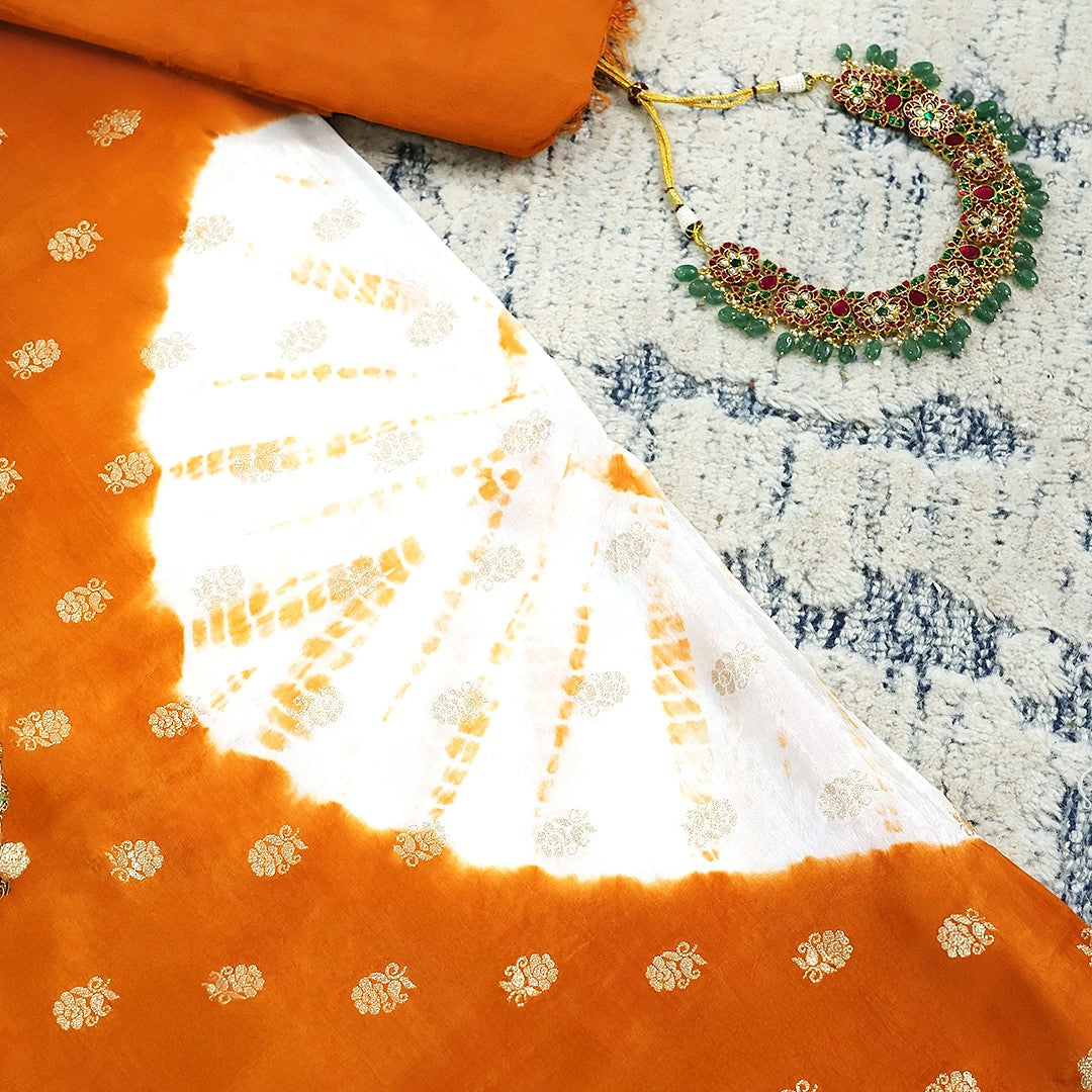 Orange Chinnon Bhandej Unstitched Suit Set