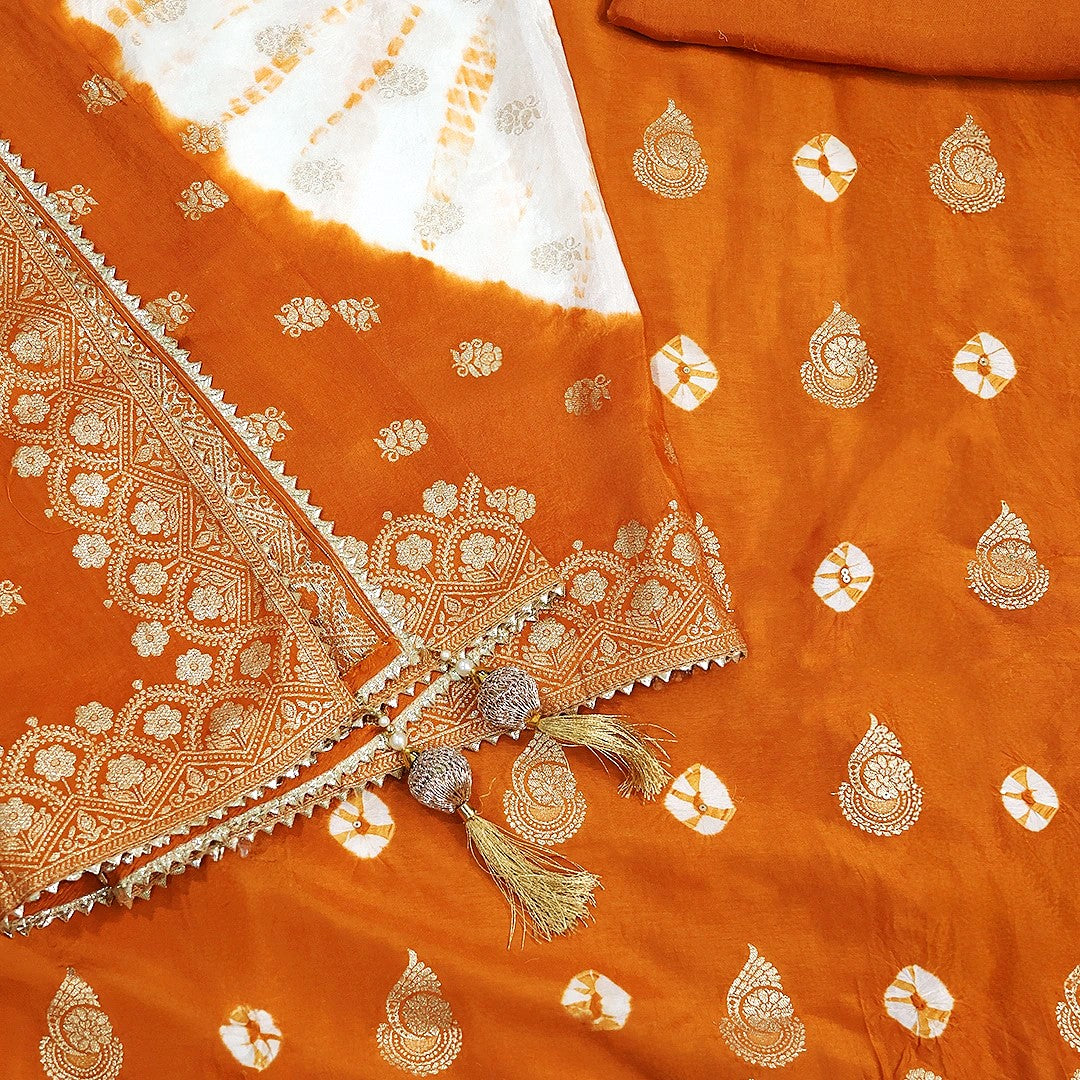 Orange Chinnon Bhandej Unstitched Suit Set