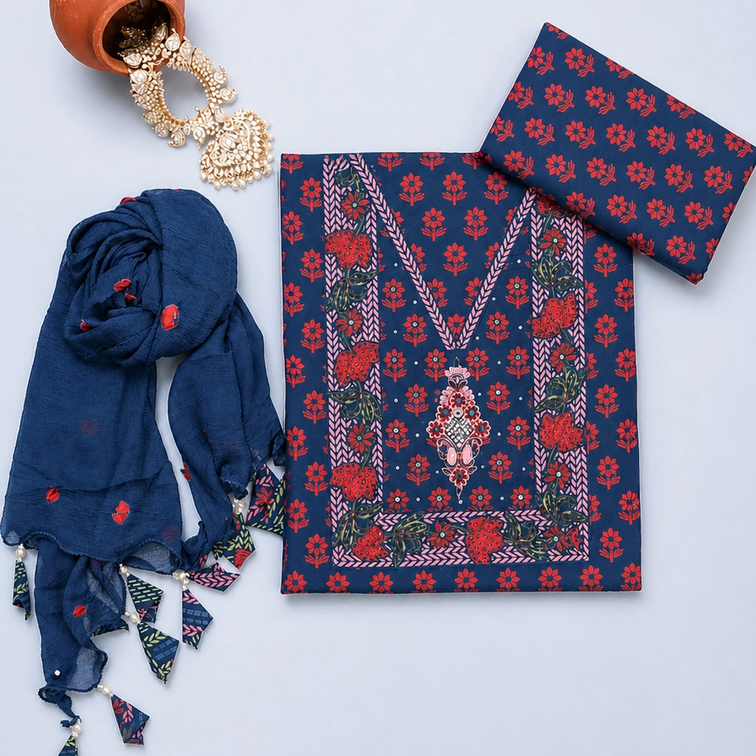 Oxedised Blue Bagru Cotton Unstitched Suit Set