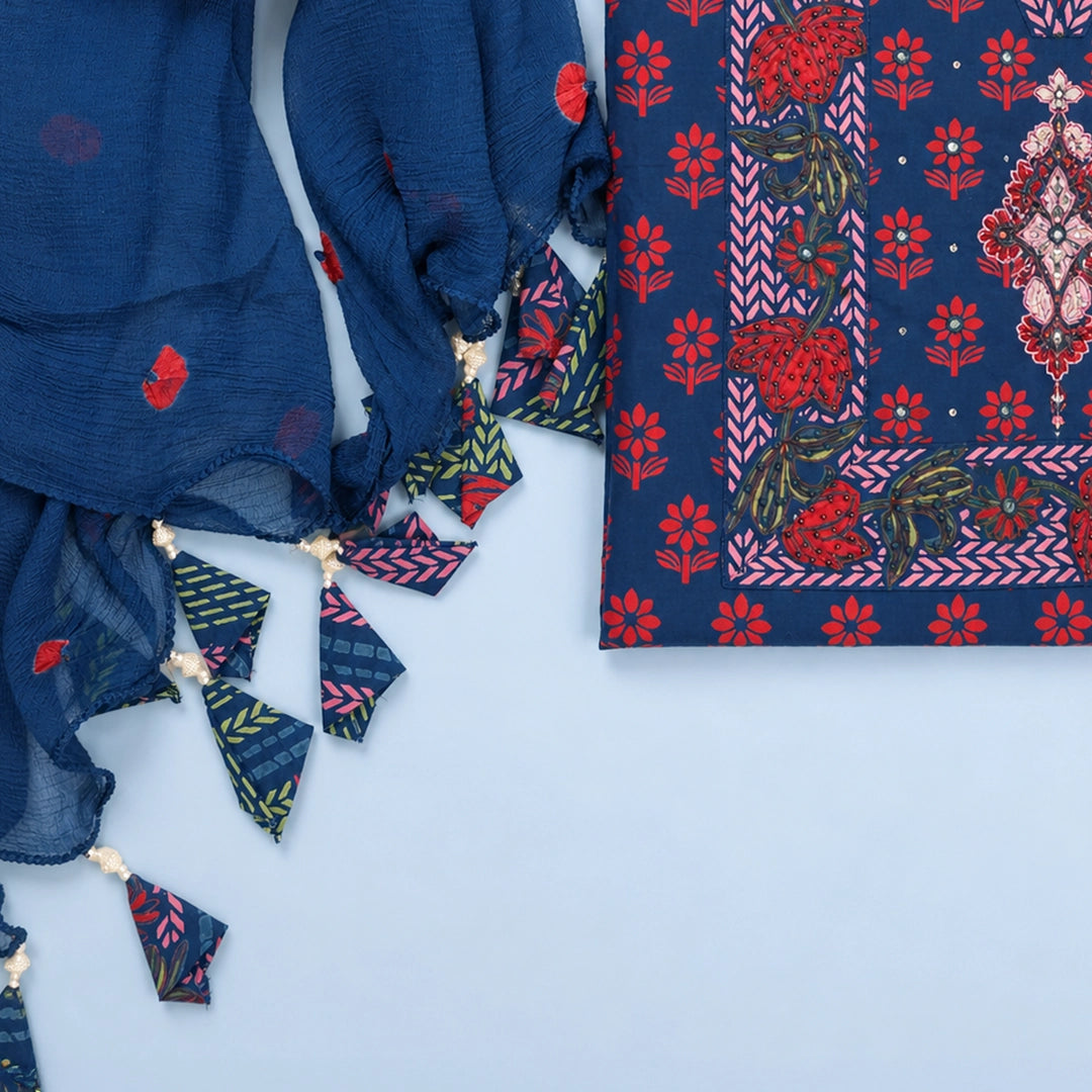 Oxedised Blue Bagru Cotton Unstitched Suit Set