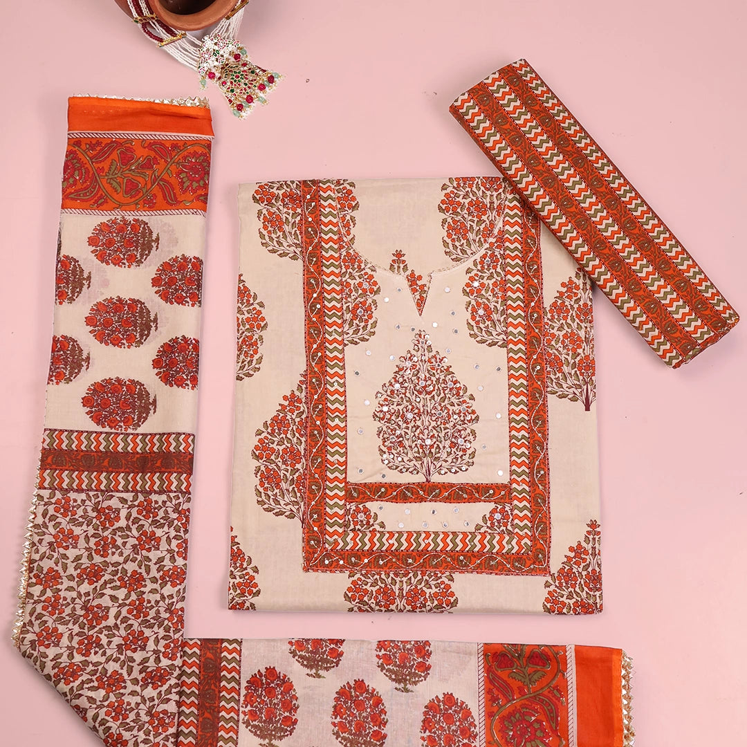 Parchment Biege Mughal Cotton Unstitched Suit Set