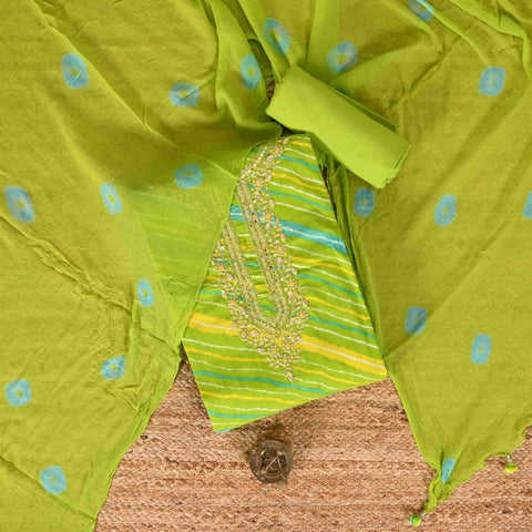 Parrot Green Leheriya Cotton Suit Set
