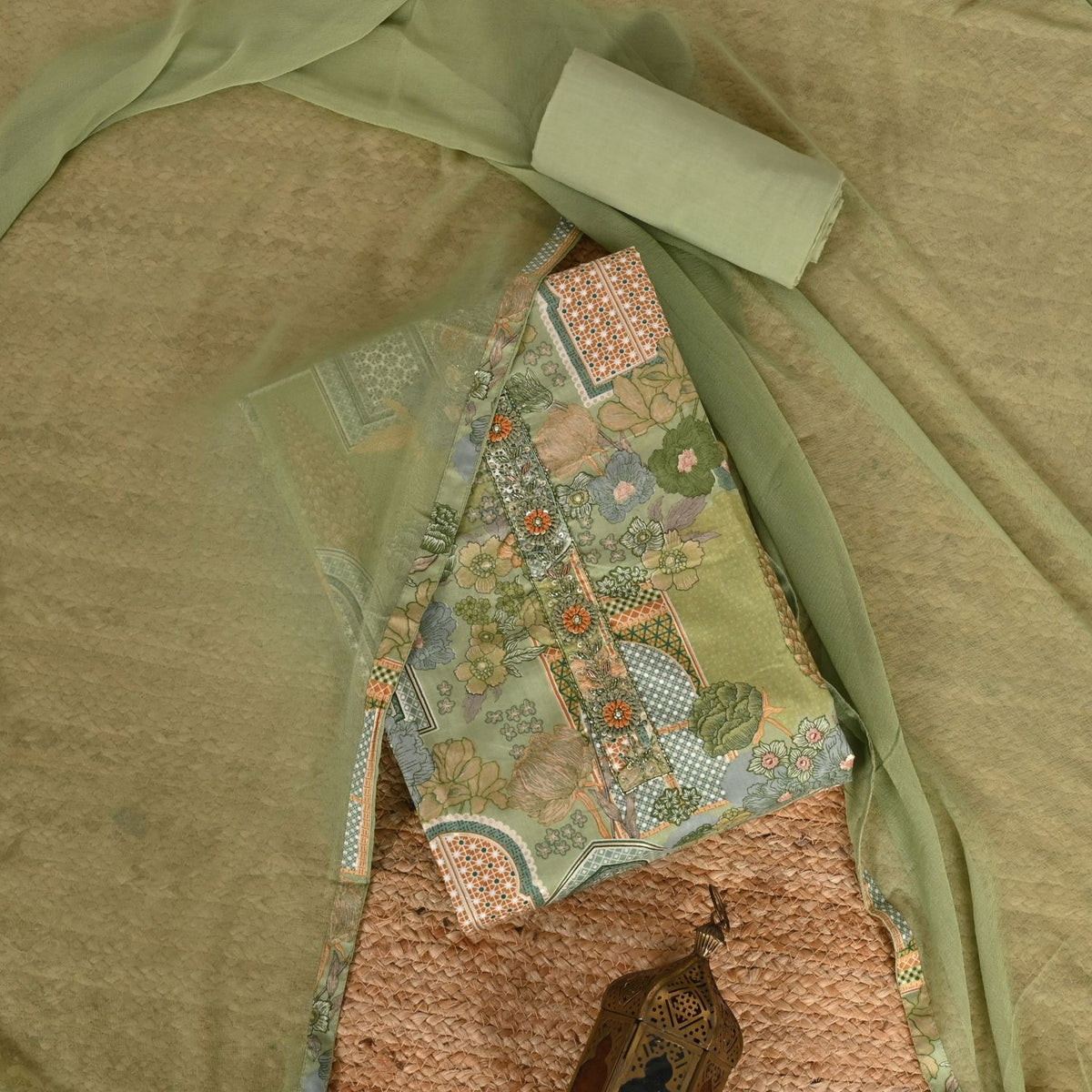 Pastel Green Unique Print Cotton Unstitched Salwar Suit