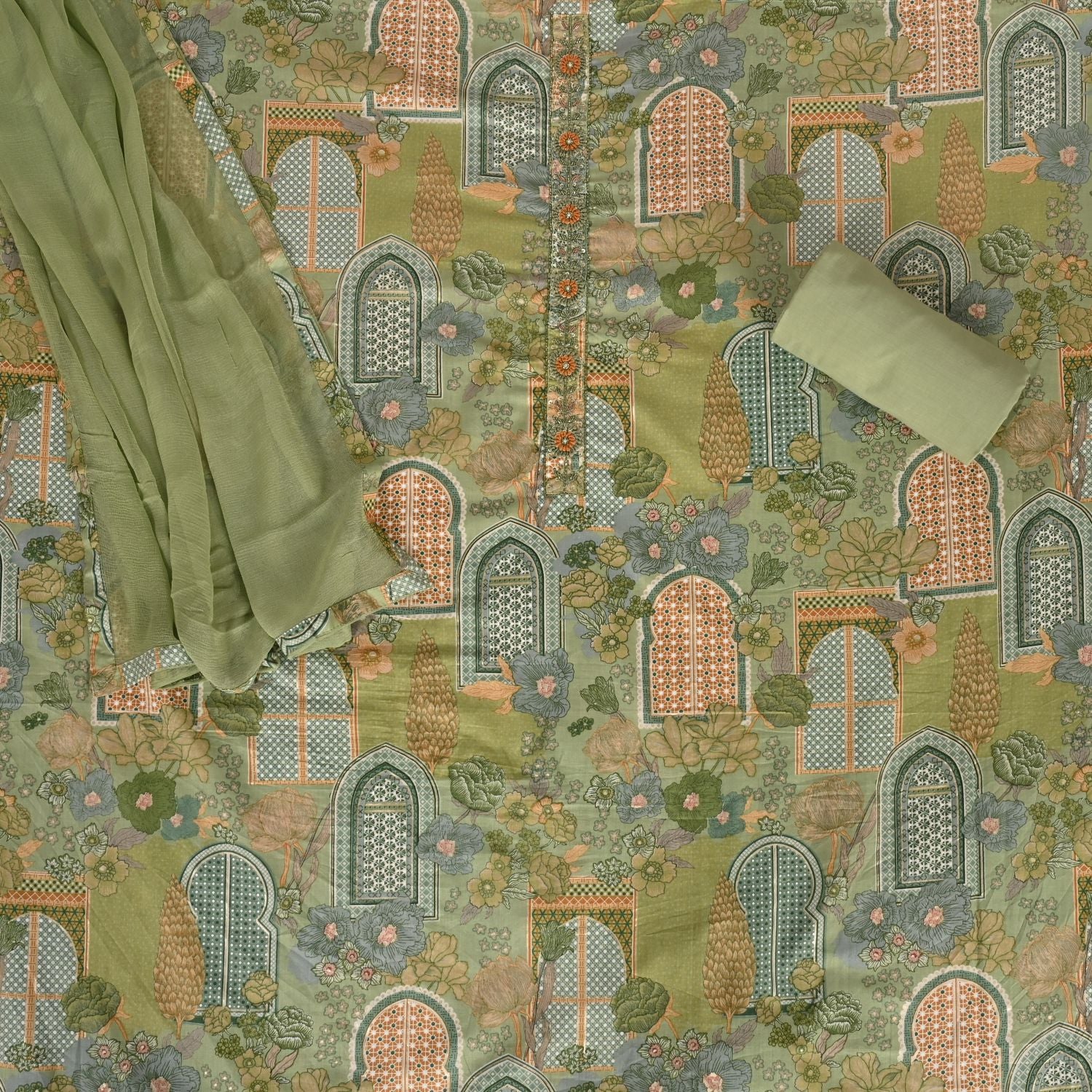 Pastel Green Unique Print Cotton Unstitched Salwar Suit